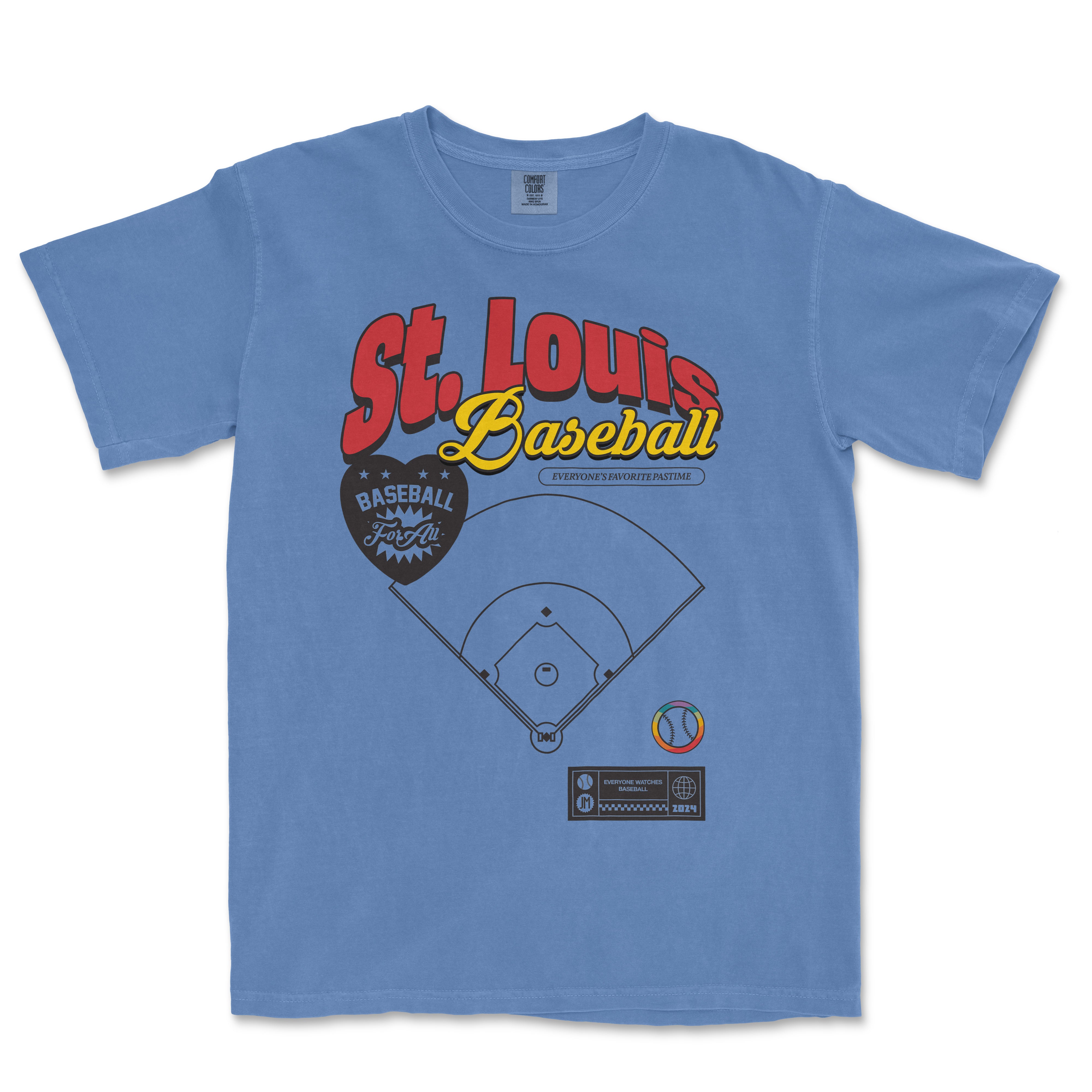 Blue T-shirt featuring "St. Louis Baseball Pride" text, a baseball diamond graphic, and colorful design elements celebrating St. Louis baseball.