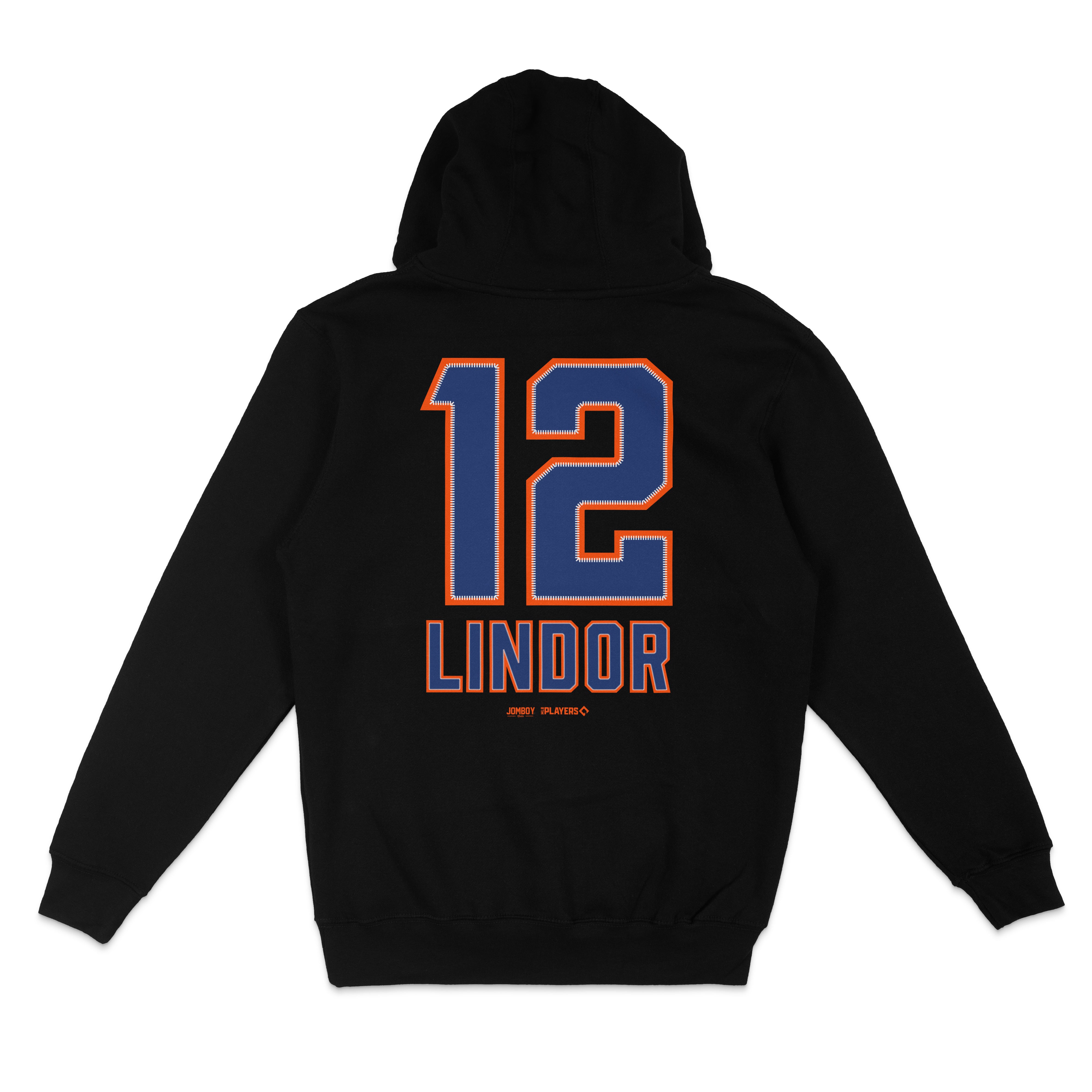 Black pullover fleece hoodie featuring a large blue and orange "12" and "LINDOR" text on the back, with small branding details below.