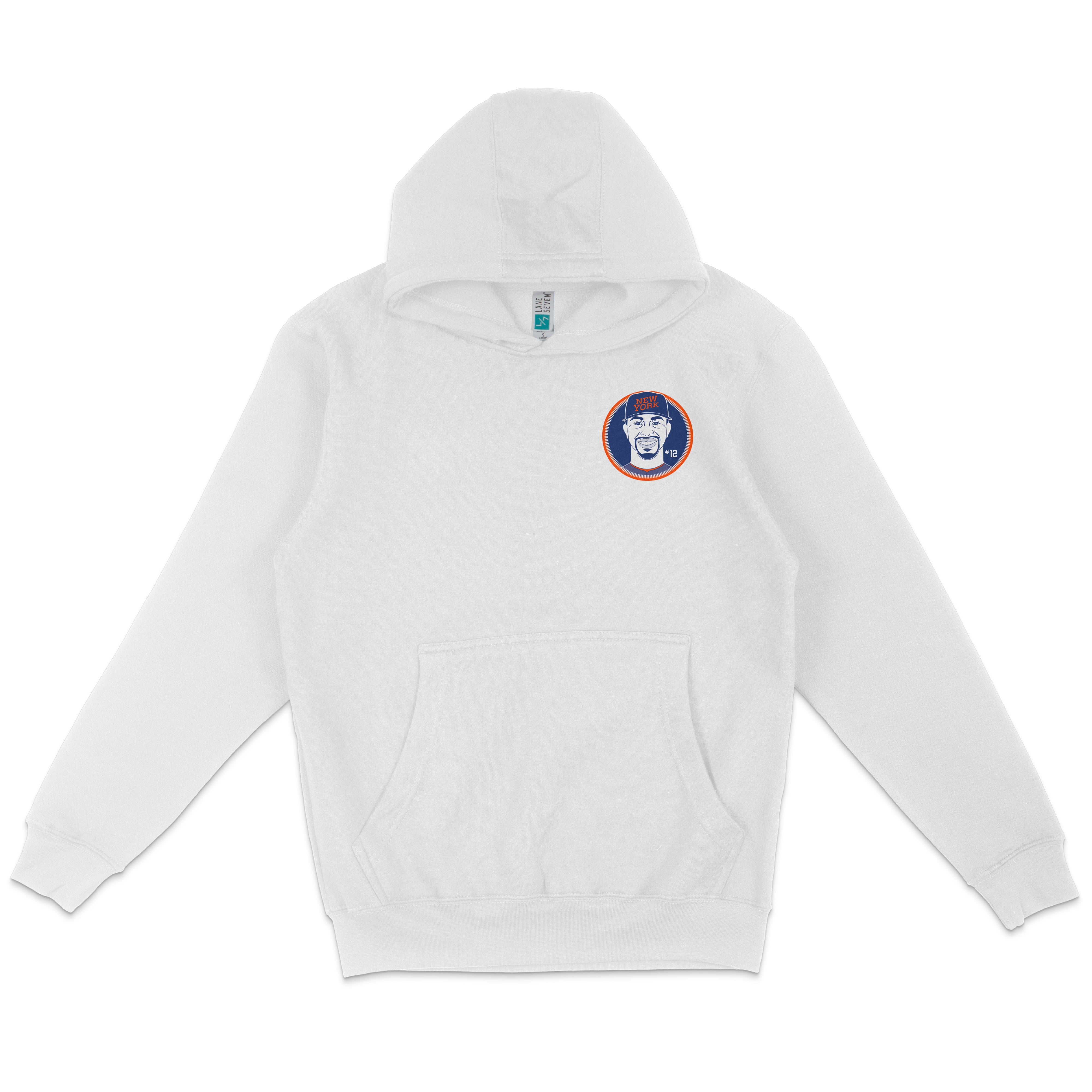 White pullover fleece hoodie featuring a colorful Francisco Lindor New York Mets logo patch on the chest.