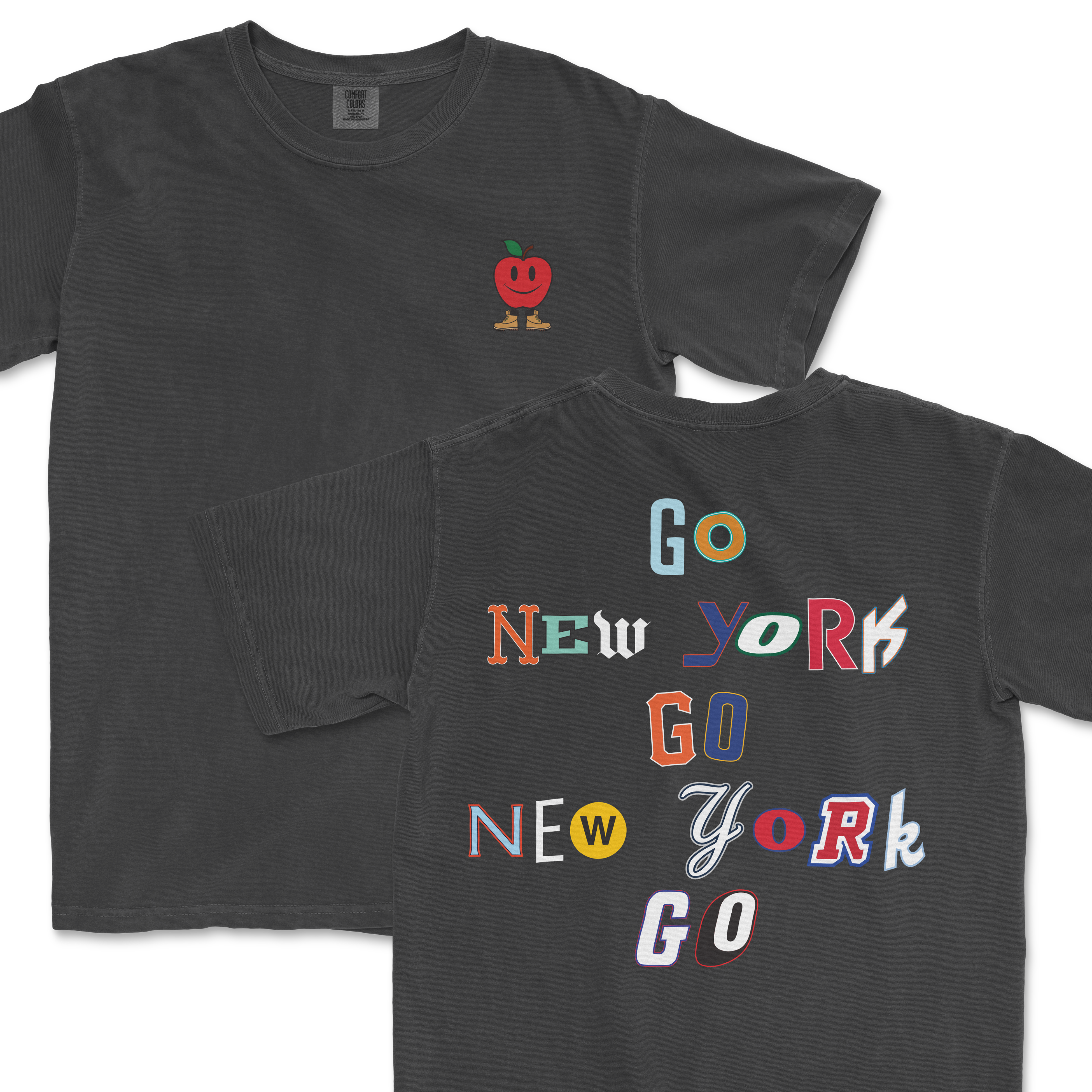 Dark gray t-shirt featuring a playful apple graphic on the front and colorful "Go New York Go" text design on the back.