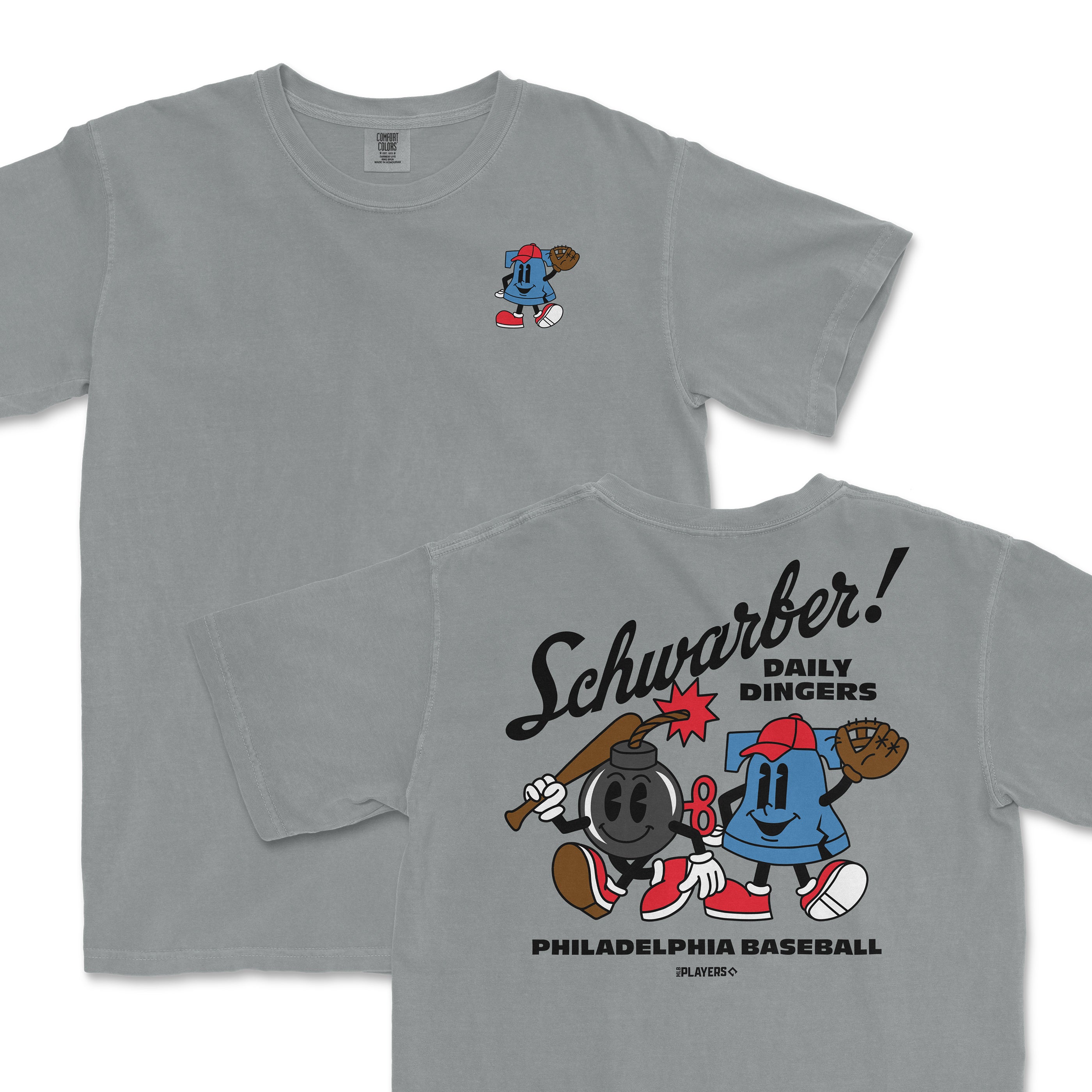 Gray t-shirt featuring cartoon characters celebrating Kyle Schwarber with text "Schwarber! Daily Dingers" and baseball graphics.