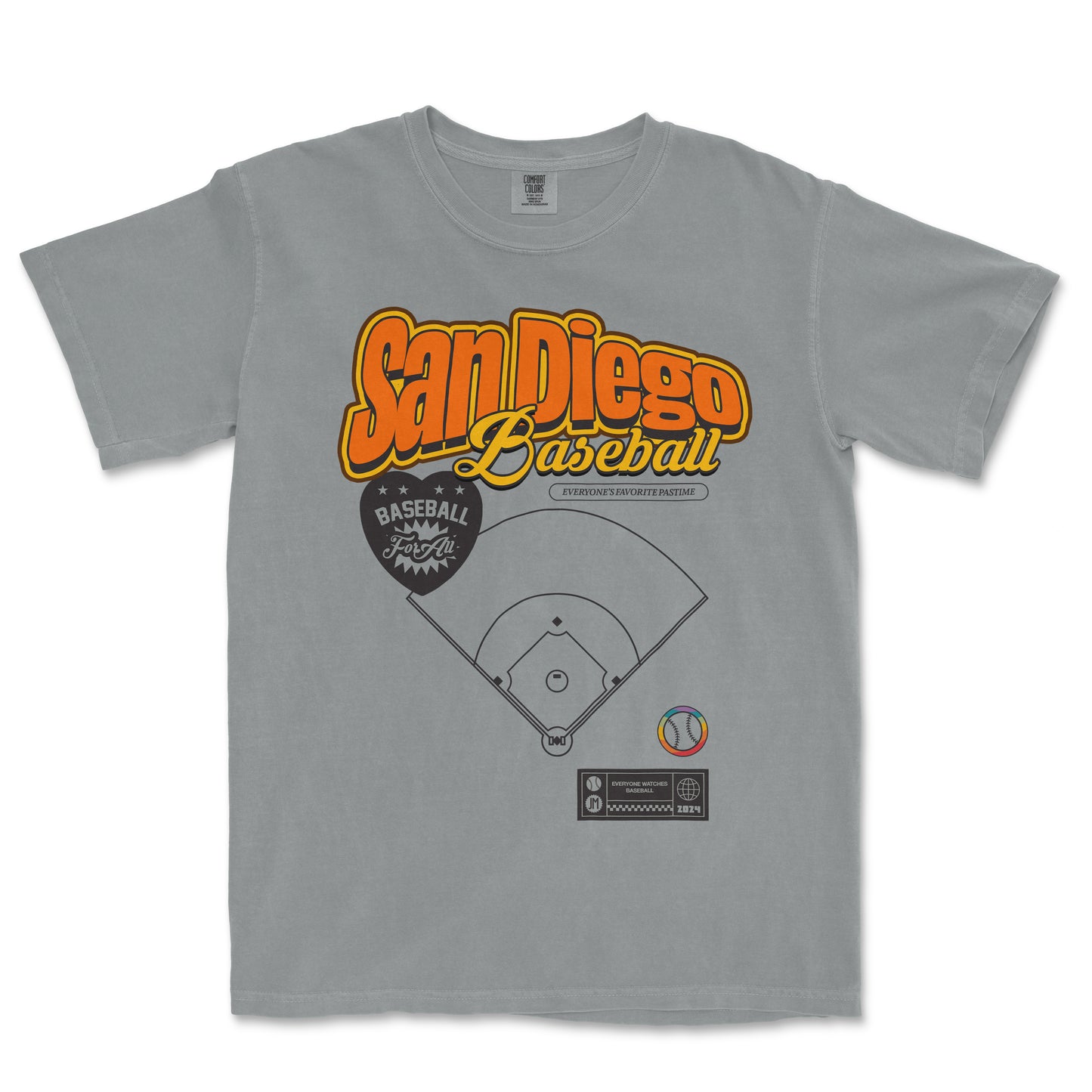 Gray T-shirt featuring "San Diego Baseball Pride" text, a baseball diamond diagram, and colorful baseball-themed graphics.