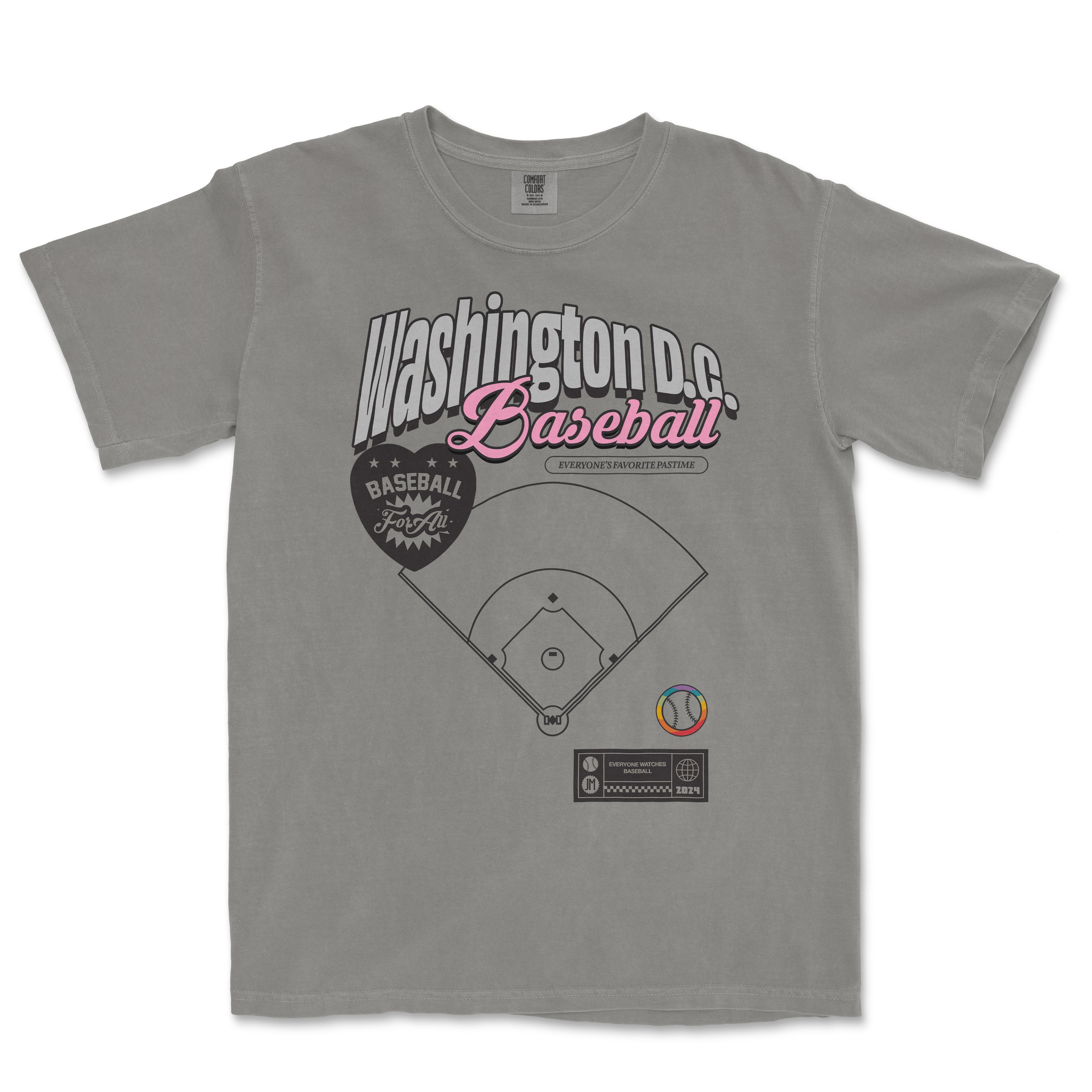 Gray vintage Comfort Colors T-shirt featuring a Washington D.C. baseball graphic with colorful text and sporty design elements.