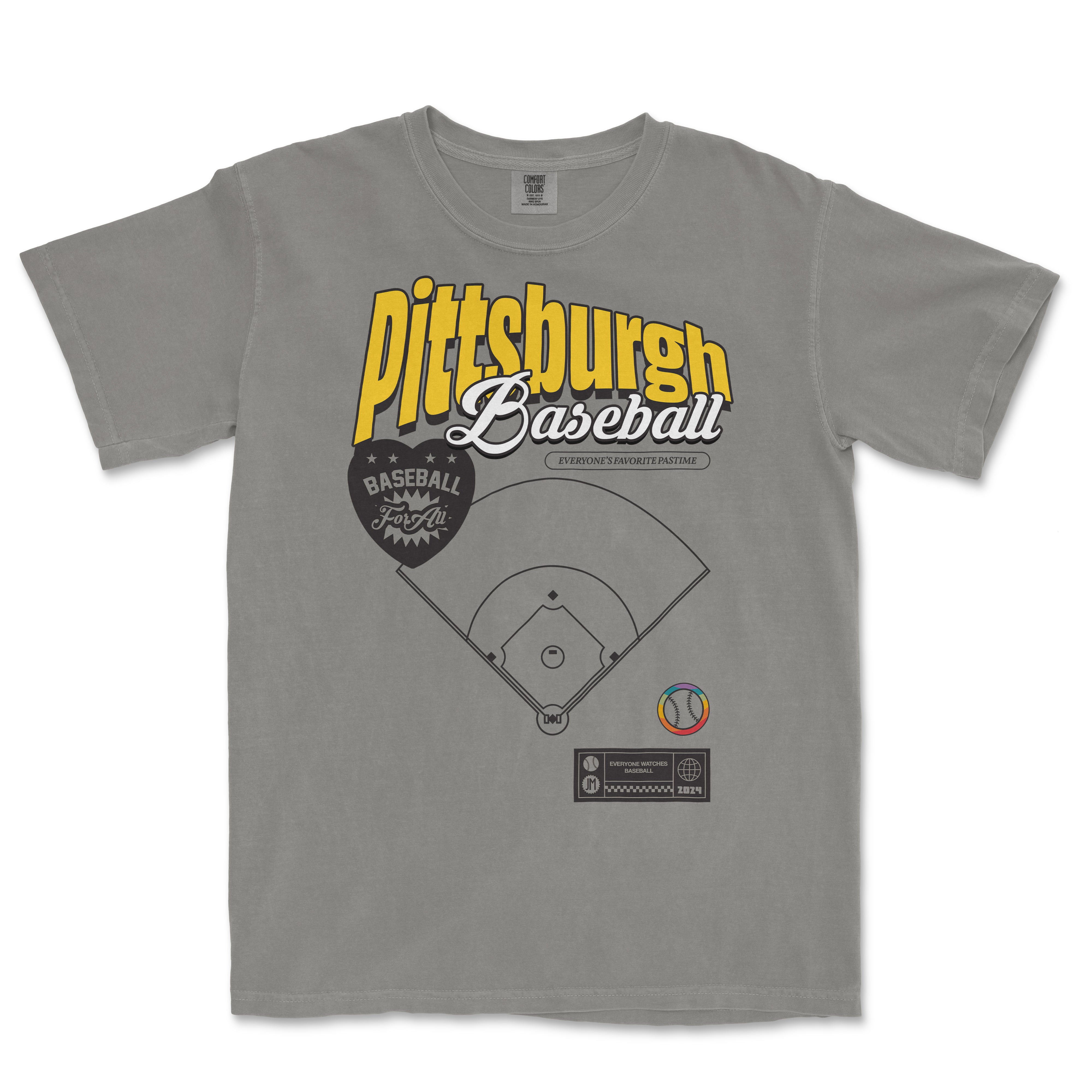 Gray Pittsburgh Baseball Pride T-shirt featuring a baseball diamond graphic, colorful accents, and vintage-inspired text design.