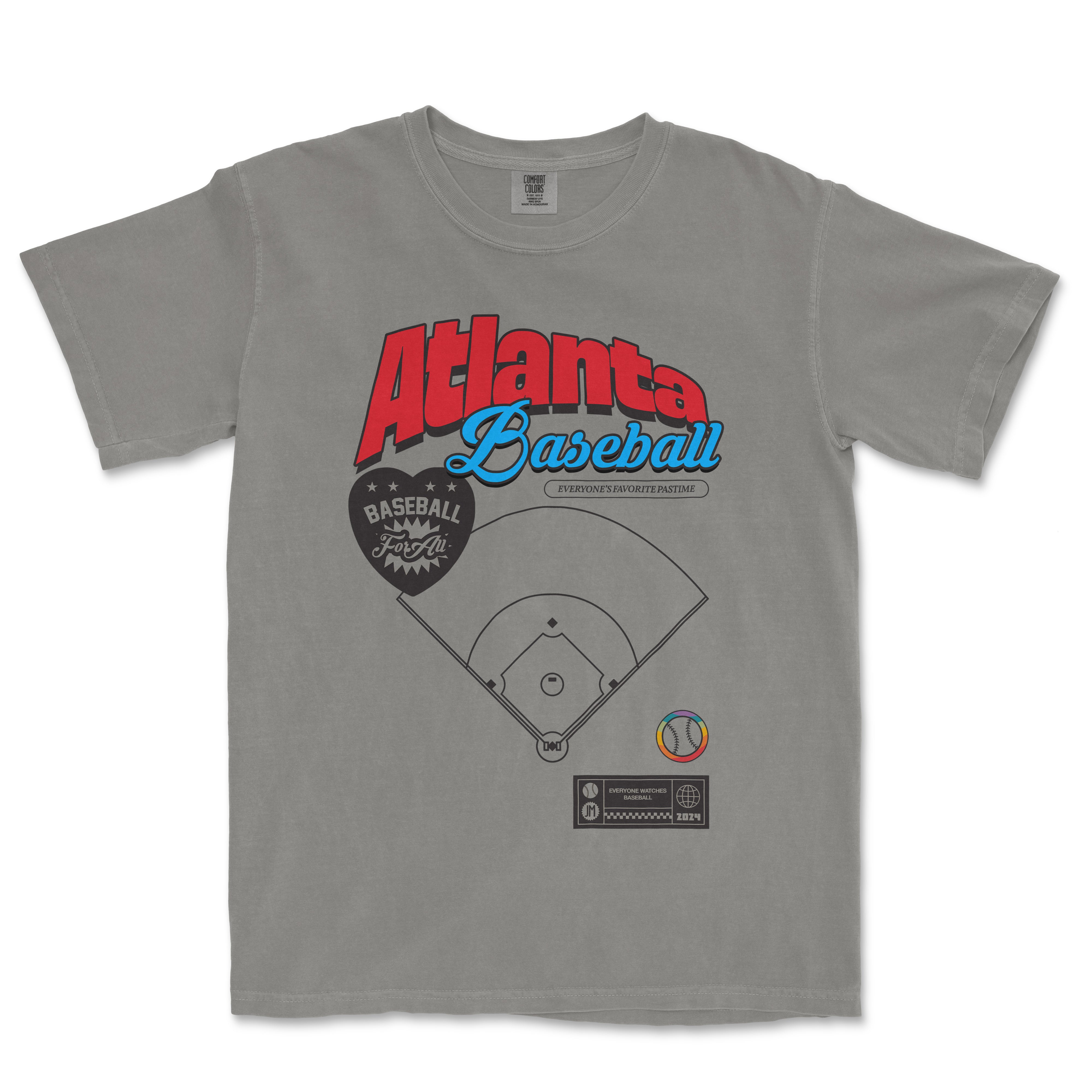 Gray Comfort Colors vintage tee featuring colorful "Atlanta Baseball" text, a baseball field diagram, and sports-themed graphics.