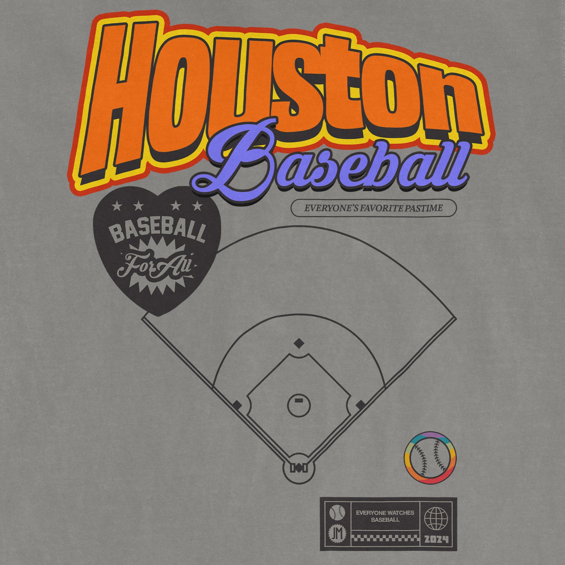 Gray Comfort Colors vintage tee featuring colorful "Houston Baseball" text, a baseball field diagram, and playful graphics.