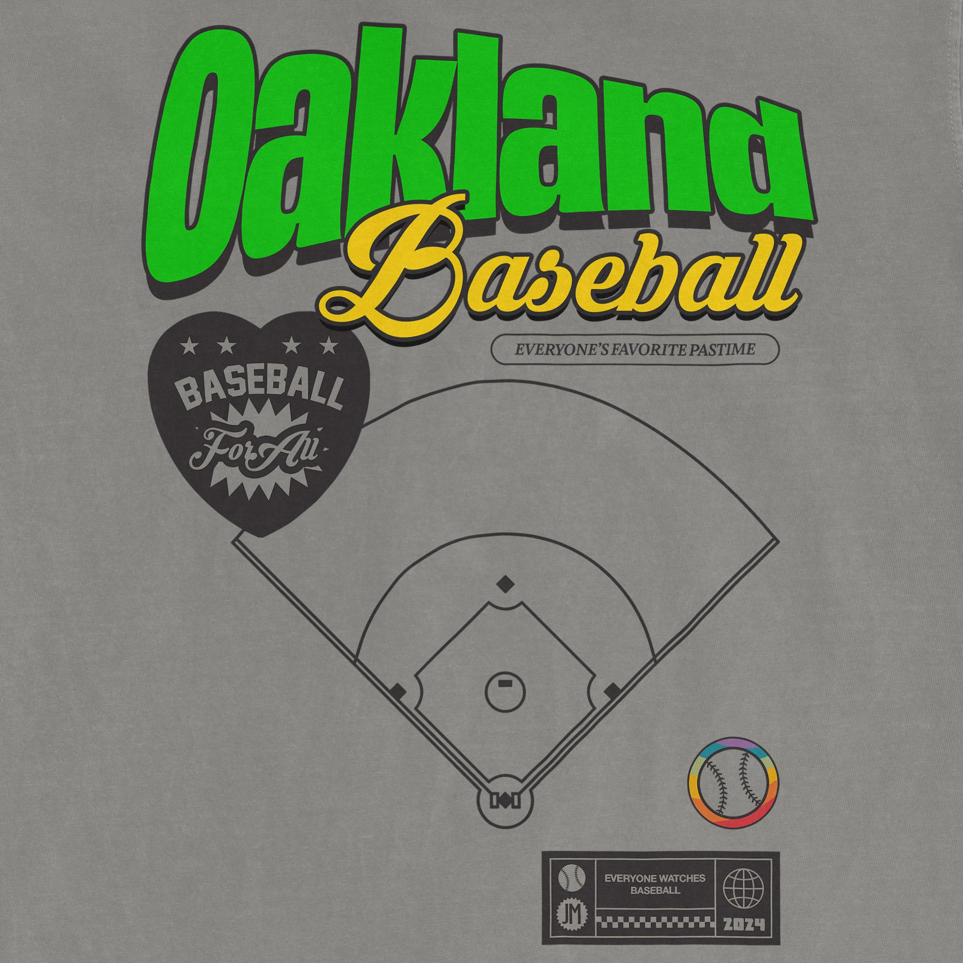 Gray T-shirt featuring colorful "Oakland Baseball Pride" text, a baseball diamond diagram, and various baseball-themed graphics.
