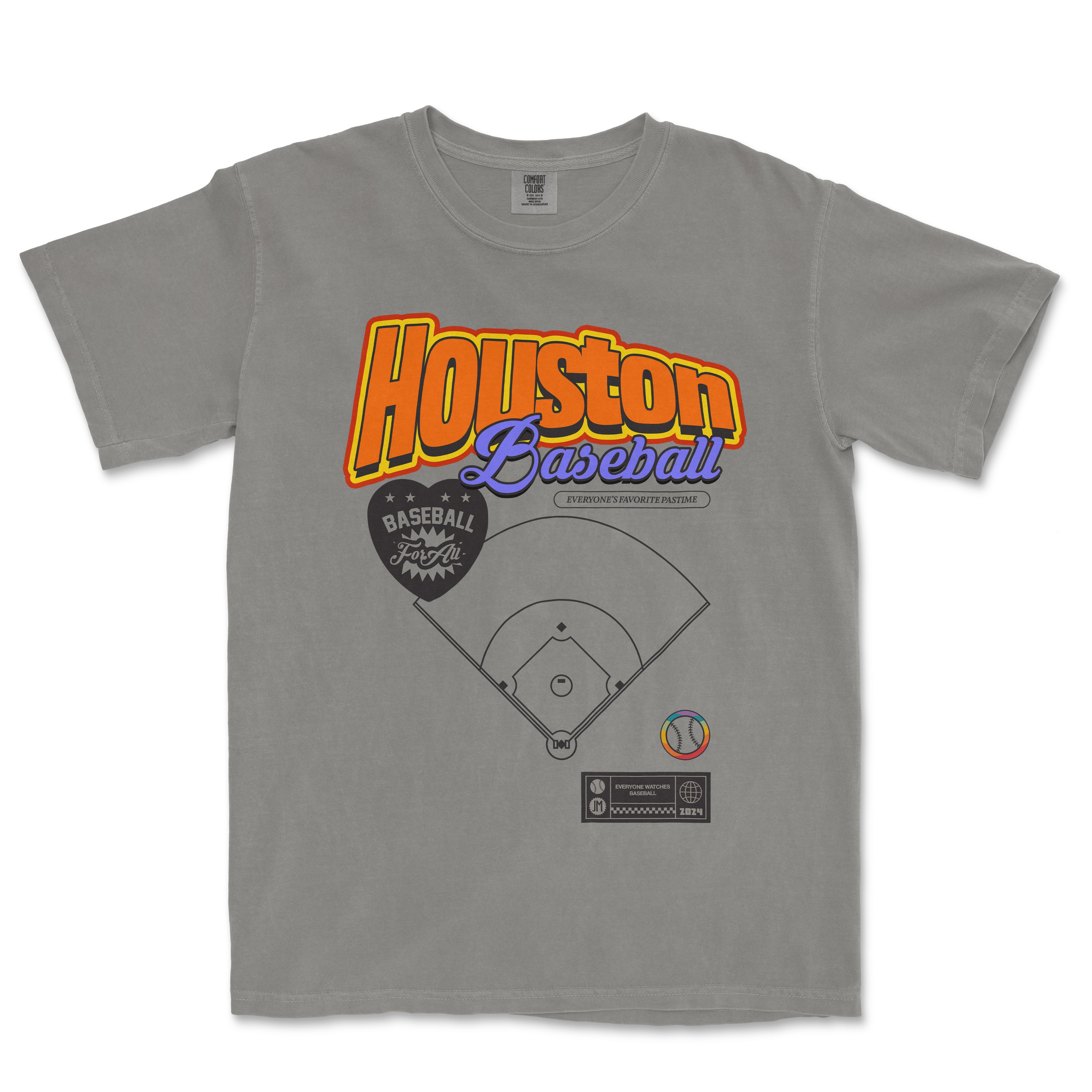 Gray Comfort Colors vintage T-shirt featuring colorful "Houston Baseball" text, baseball graphic, and related sports design elements.