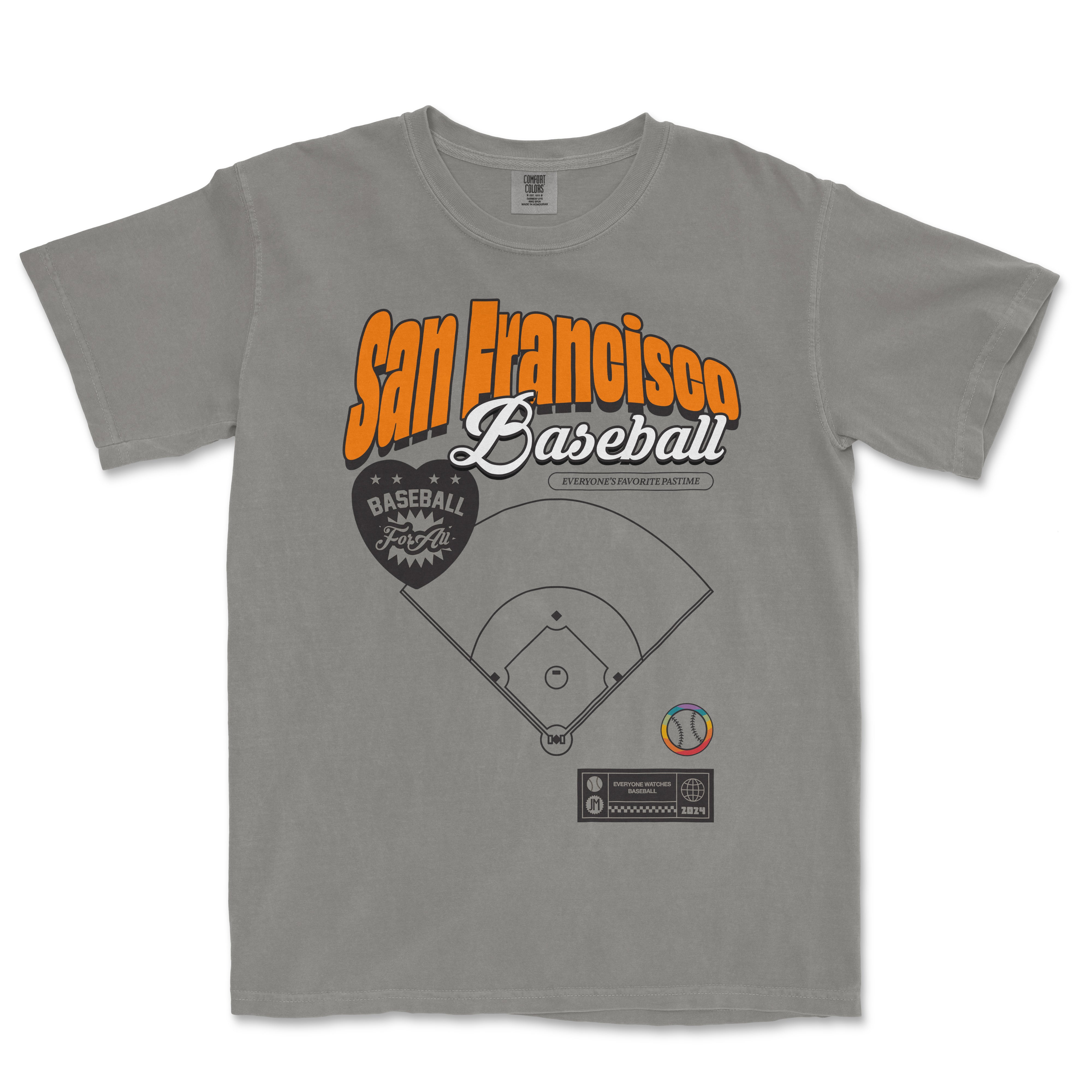 Gray T-shirt featuring "San Francisco Baseball Pride" text, a baseball field diagram, and colorful design elements.