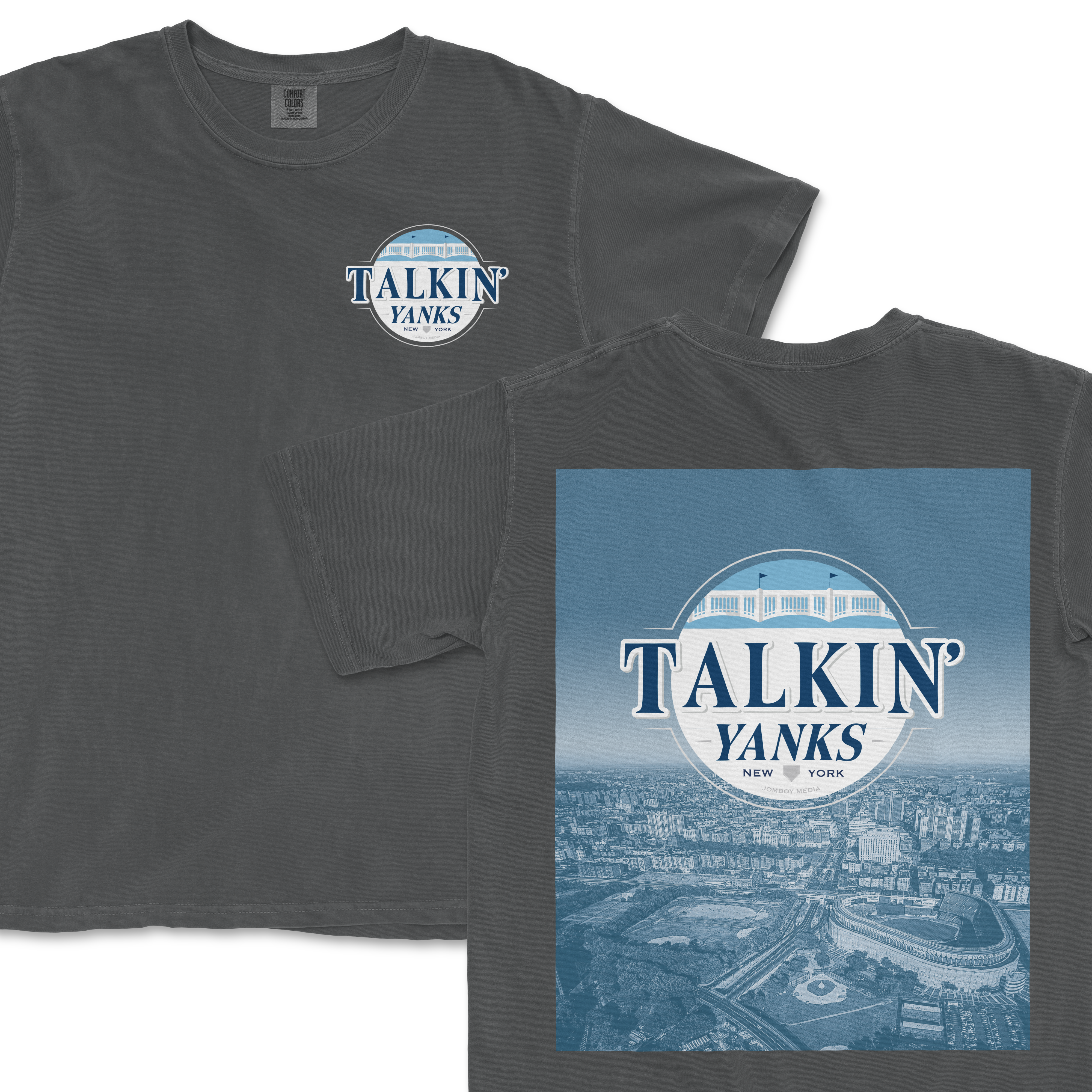 Gray Comfort Colors T-shirt featuring a "Talkin' Yanks" logo with a bridge graphic on the front and a cityscape with stadium on the back.