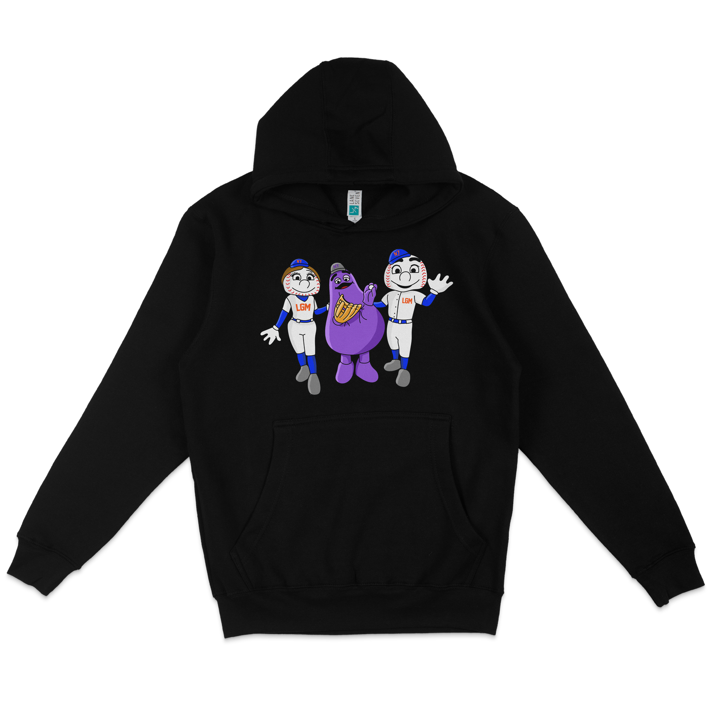 Black pullover fleece hoodie featuring cartoon characters of two baseball players and a purple mascot with a glove, all smiling and waving.