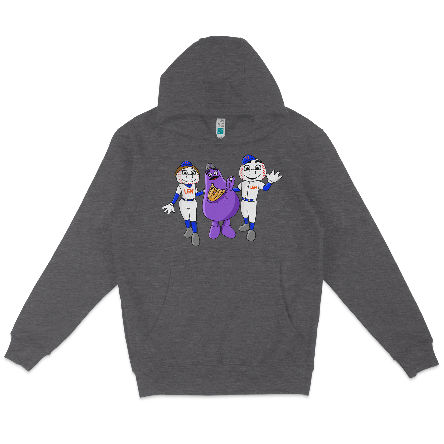 Gray pullover fleece hoodie featuring a colorful cartoon design of two baseball players and a purple mascot character on the front.