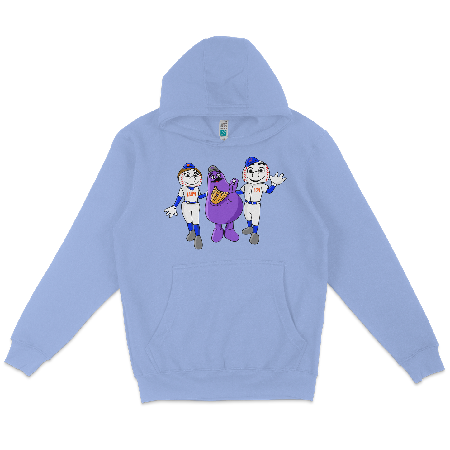 Light blue pullover fleece hoodie featuring cartoon characters of two baseball players and a purple mascot with a glove.