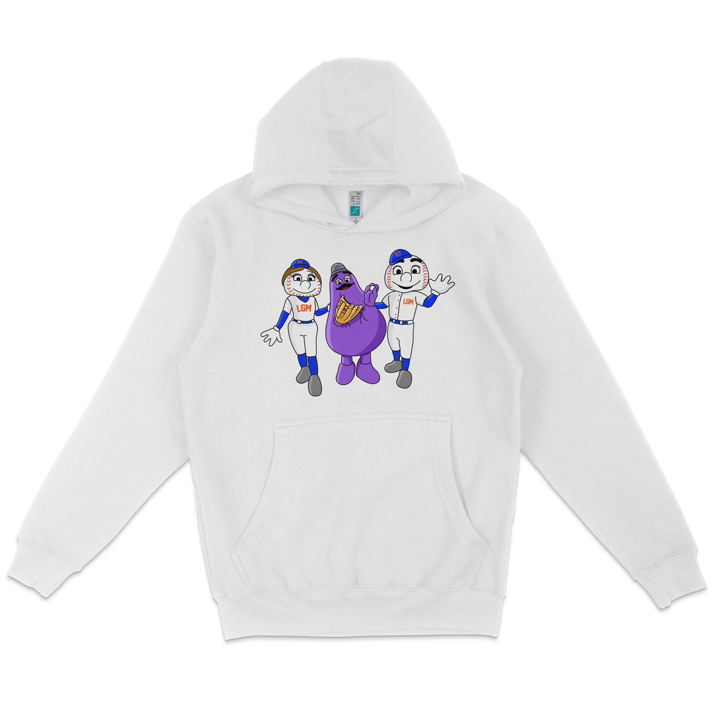 White pullover fleece hoodie featuring cartoon characters of two baseball players and a purple mascot, all smiling and waving.