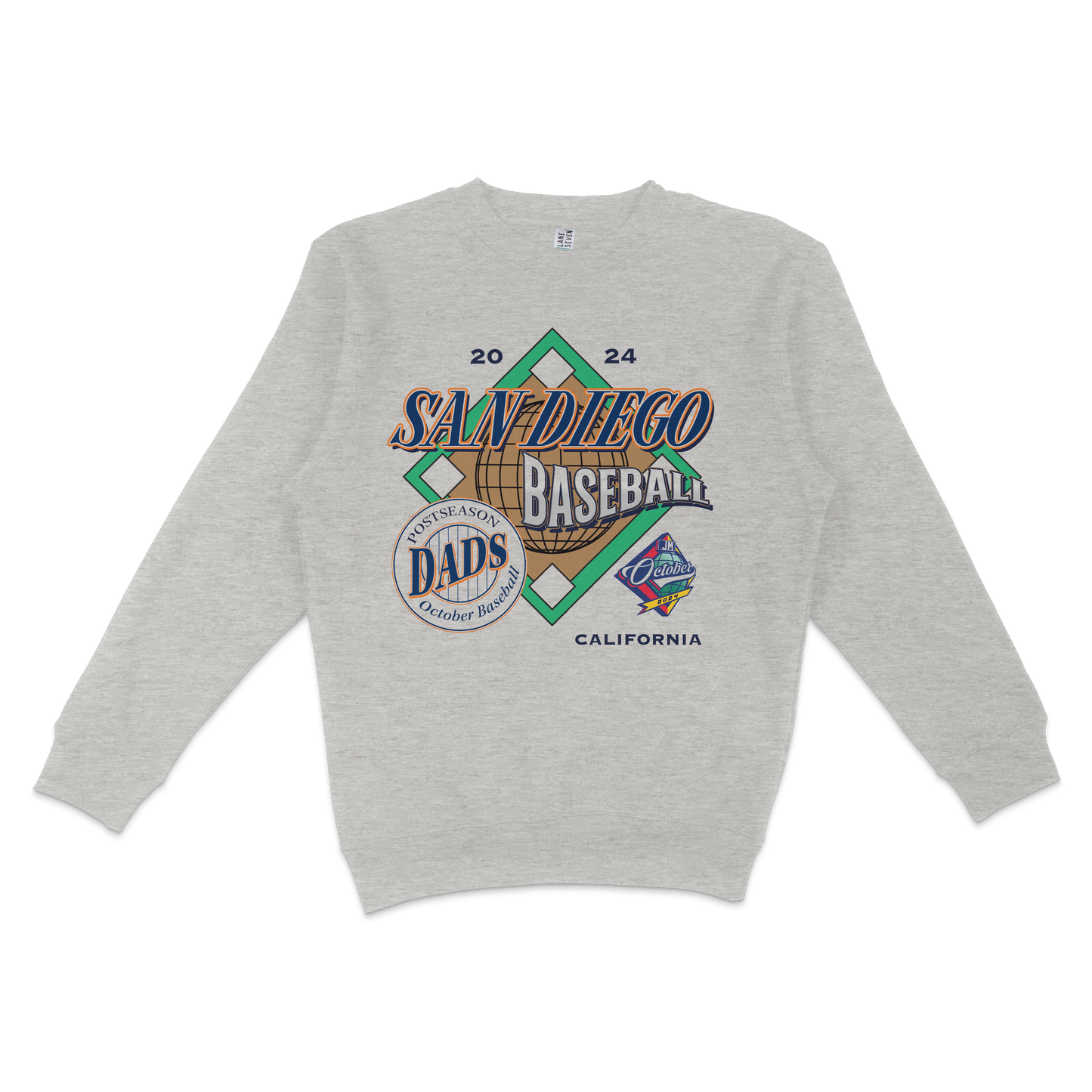Gray crewneck sweatshirt featuring colorful "San Diego" baseball-themed graphics, logos, and text celebrating October 2024.