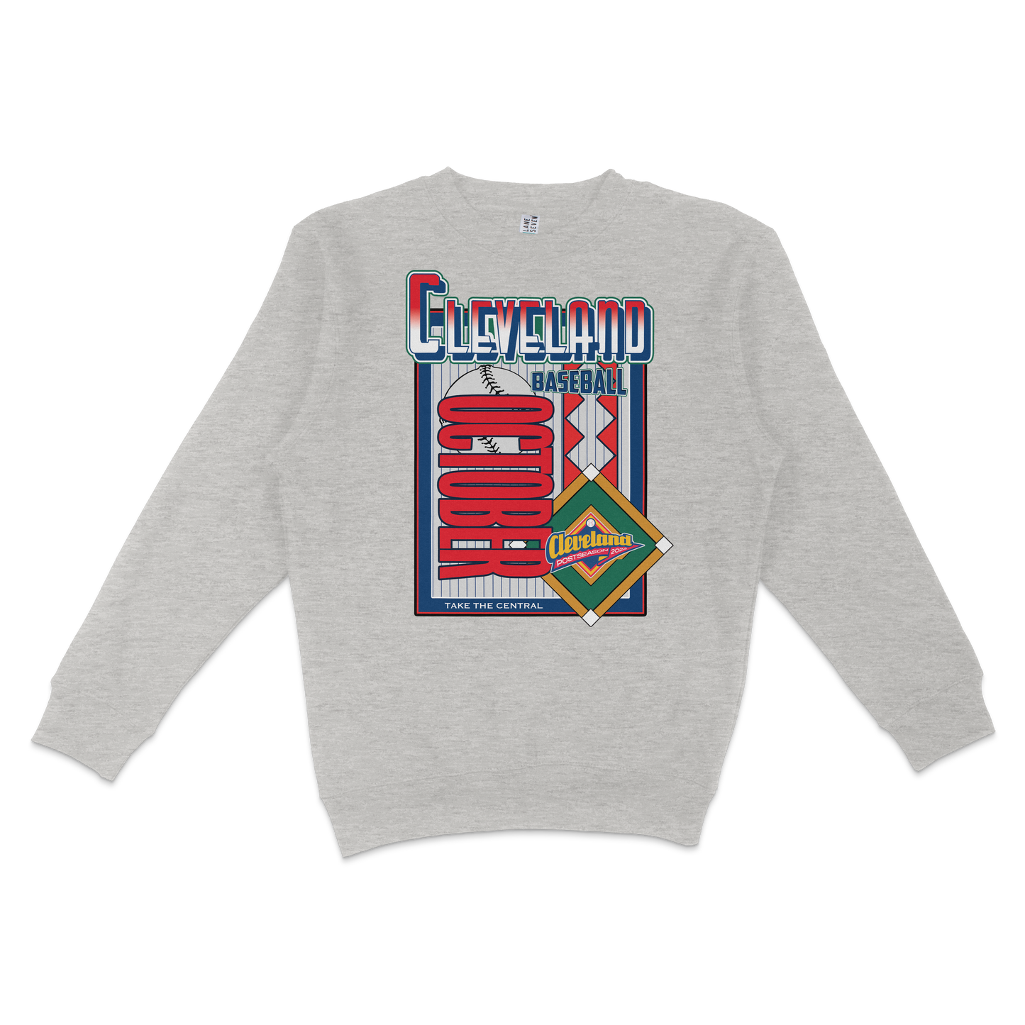 Gray crewneck sweatshirt featuring colorful Cleveland baseball team graphics, text, and a diamond-shaped logo design.