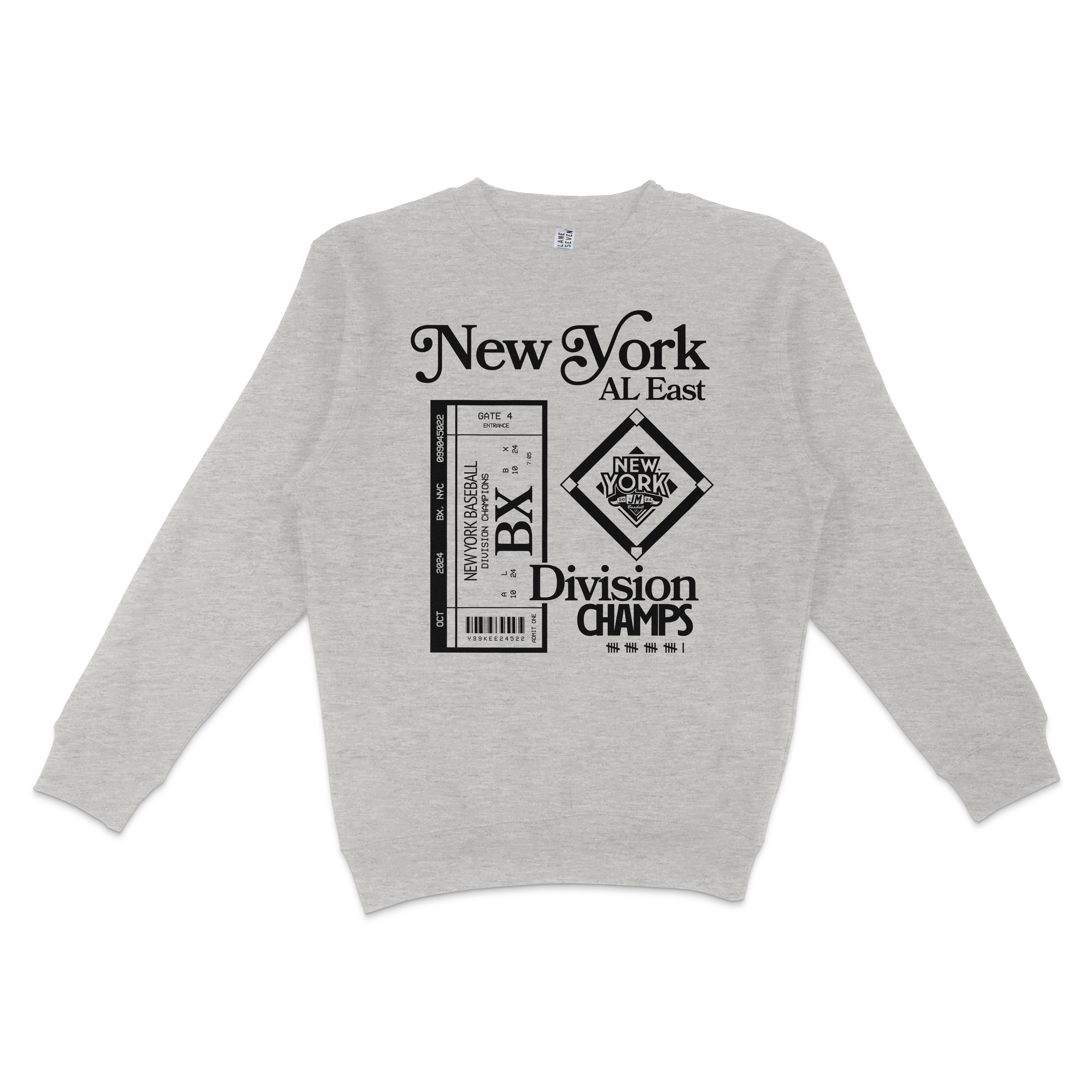 Gray crewneck sweatshirt featuring black graphic text and designs celebrating New York Yankees division champions.