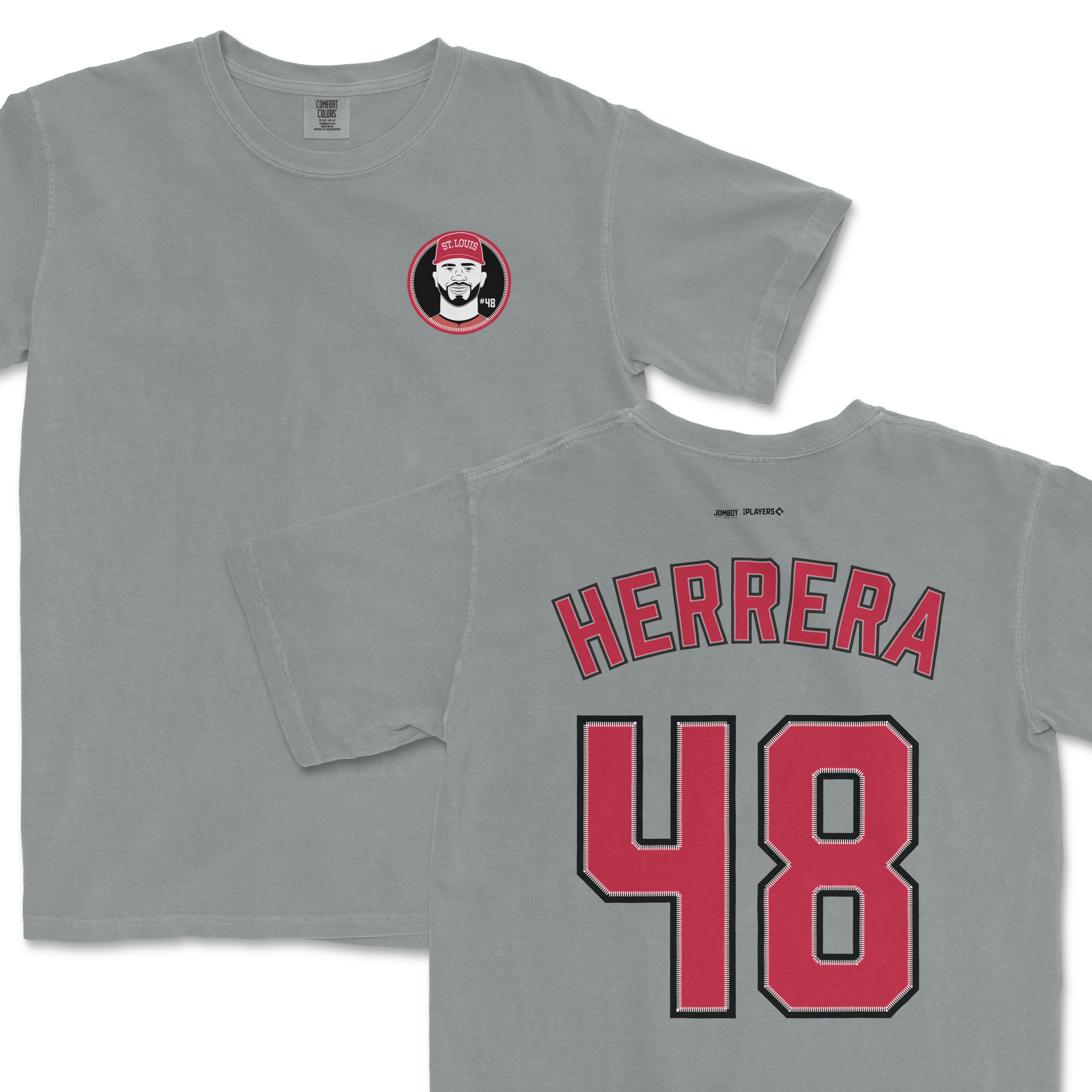 Gray Comfort Colors T-shirt featuring a St. Louis-themed graphic on the front and "HERRERA 48" sports jersey-style print on the back.