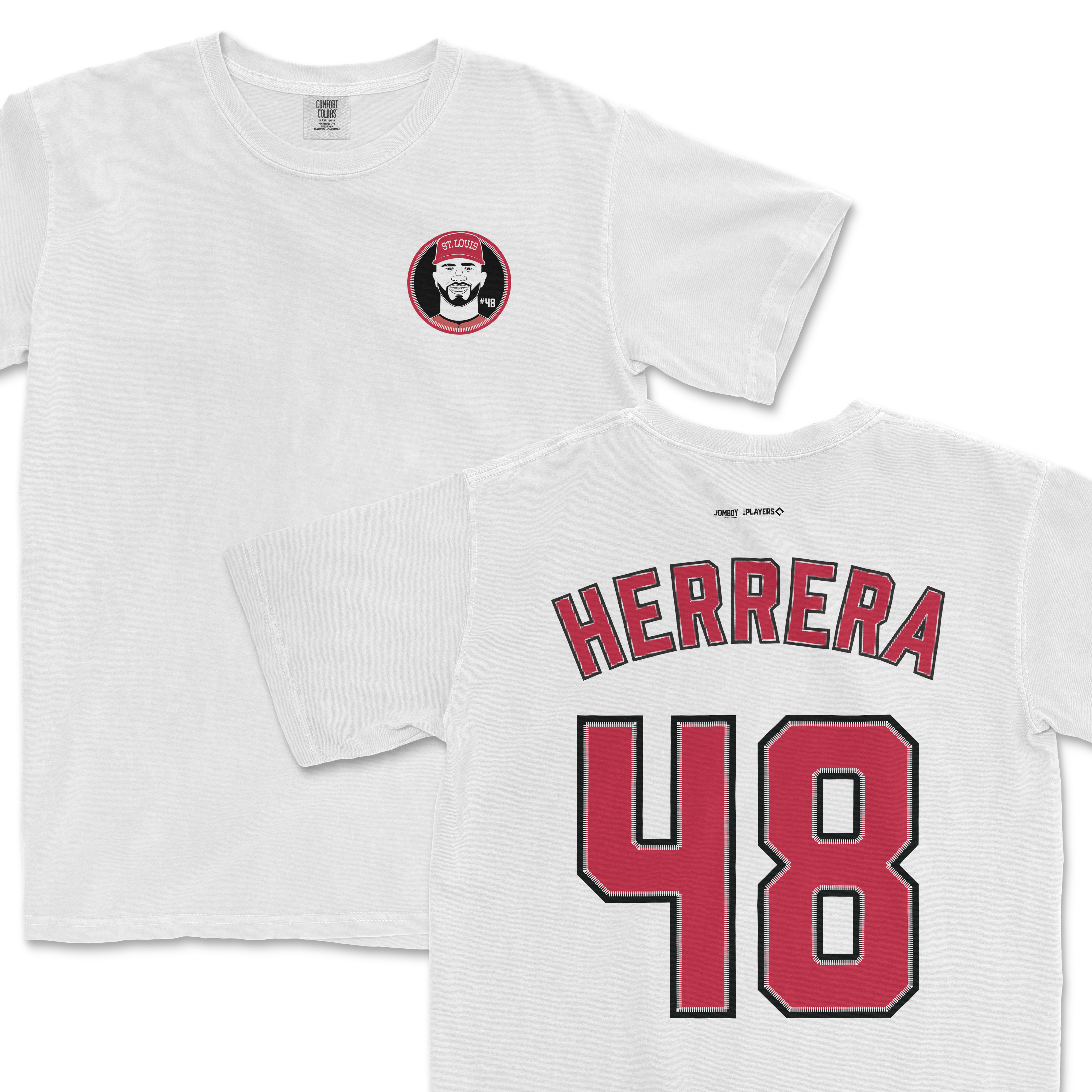 White Comfort Colors tee featuring a small Ivan Herrera patch on the front chest and a large "HERRERA 48" sports jersey-style print on the back.