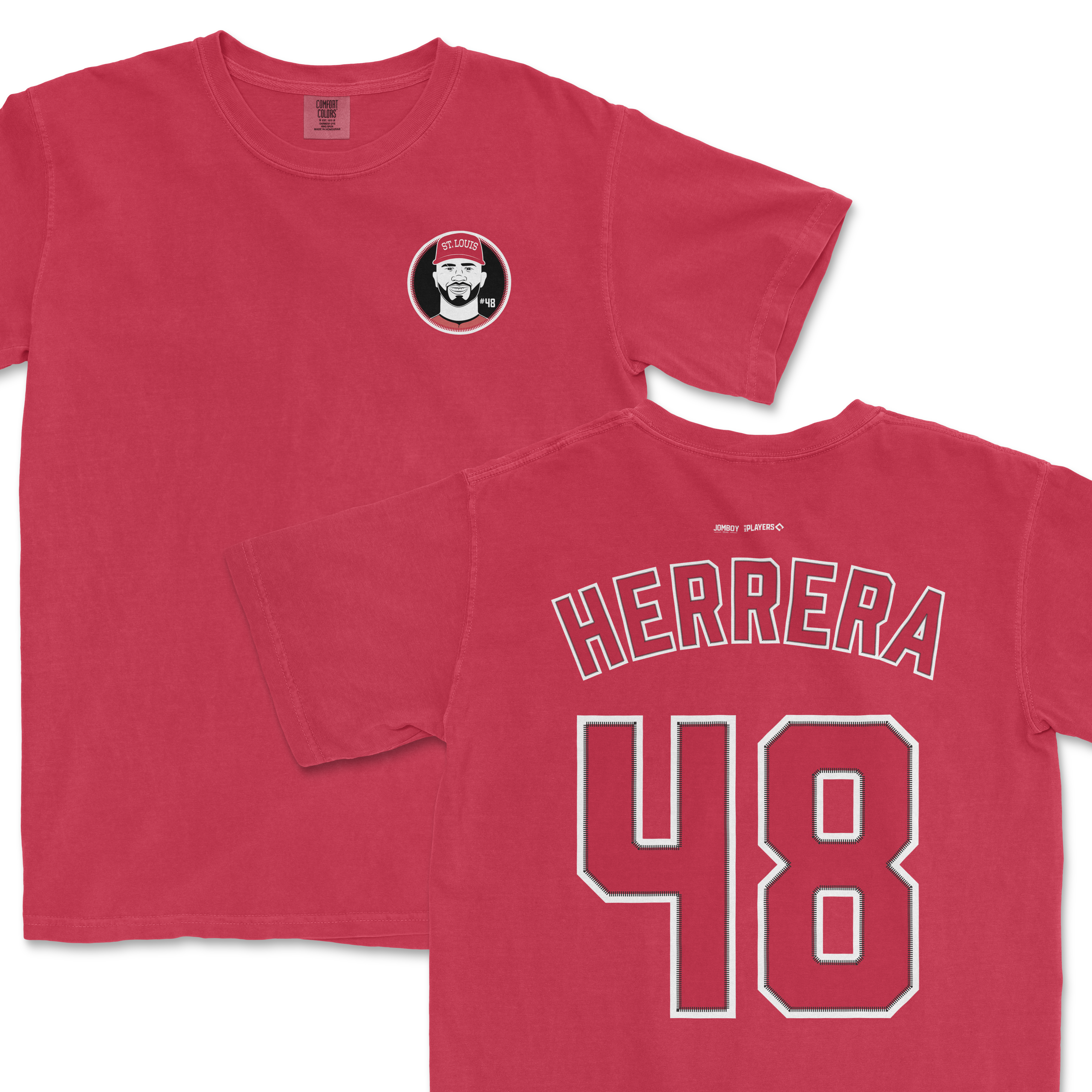 Red Comfort Colors T-shirt featuring a St. Louis-themed graphic on the front and "HERRERA 48" sports jersey-style lettering on the back.