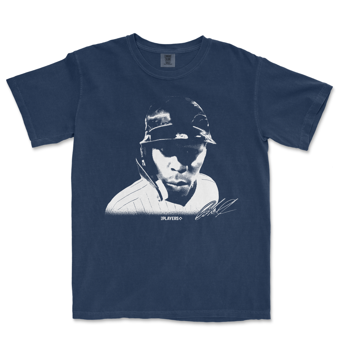 Comfort Colors navy T-shirt featuring a stylized graphic of Jazz Chisholm wearing a helmet, with "HUH?" text and autograph.