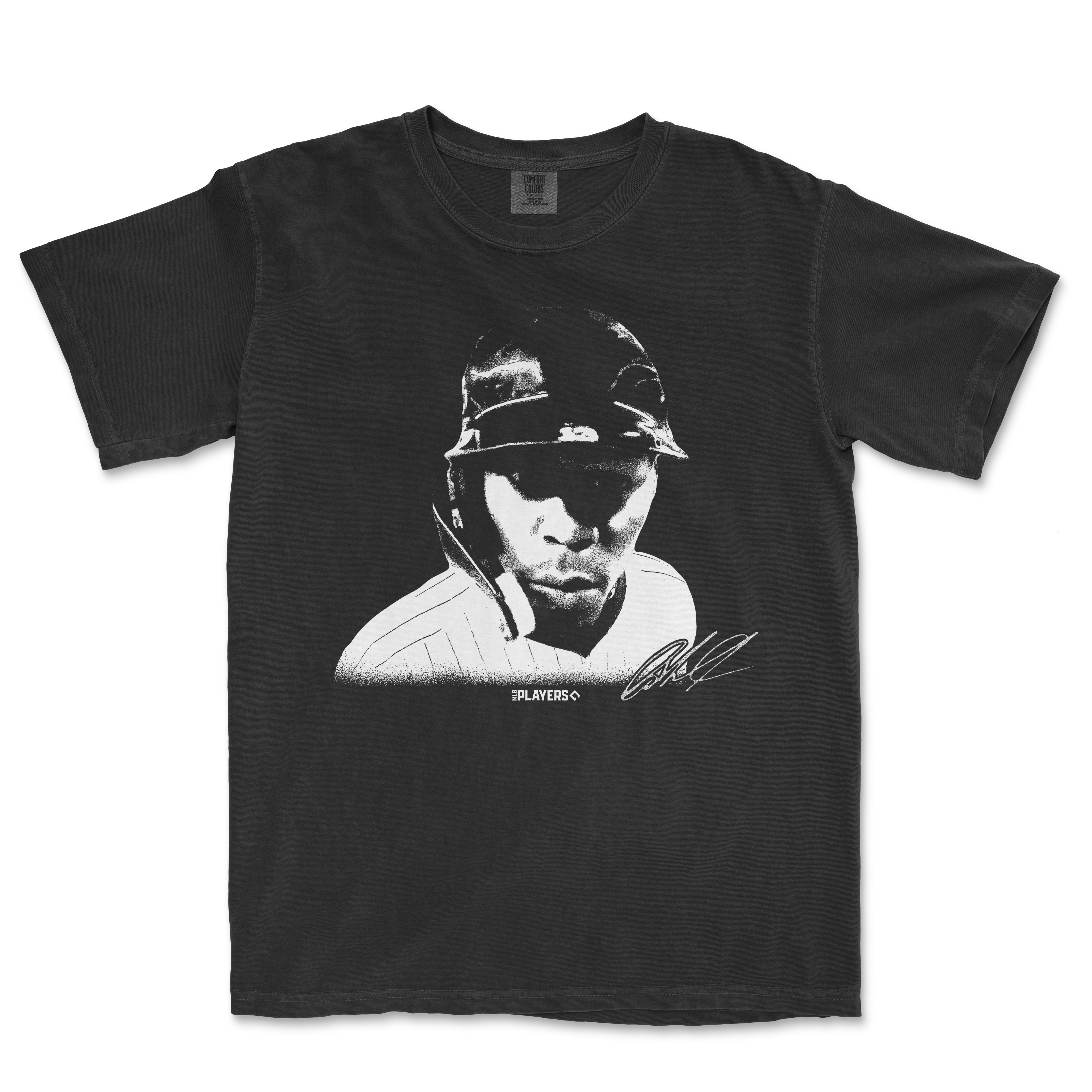 Black Comfort Colors T-shirt featuring a monochrome graphic of Jazz Chisholm wearing a helmet, with "HUH?" text and signature.