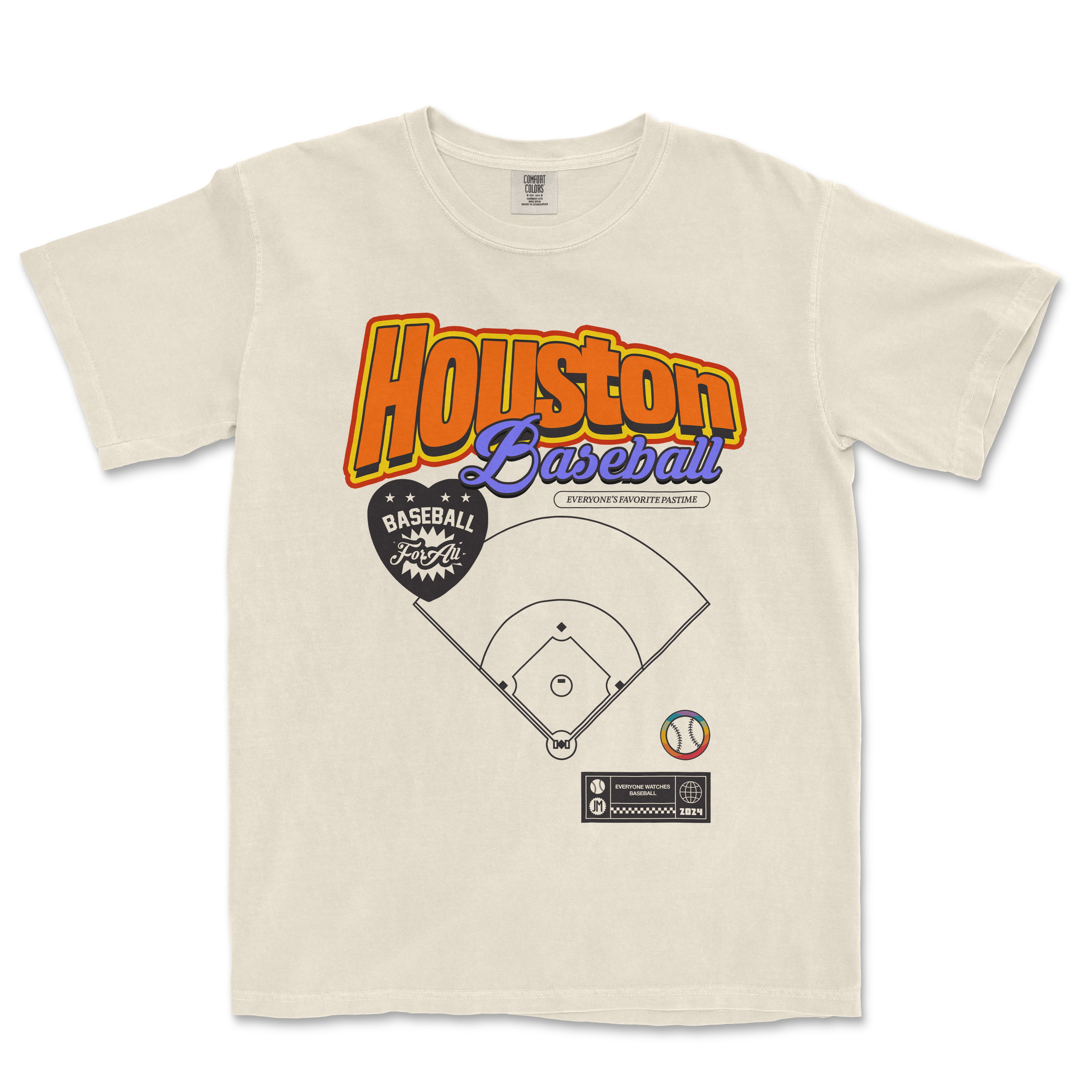 Cream-colored Comfort Colors vintage tee featuring "Houston Baseball Pride" text, a baseball diamond graphic, and colorful design elements.