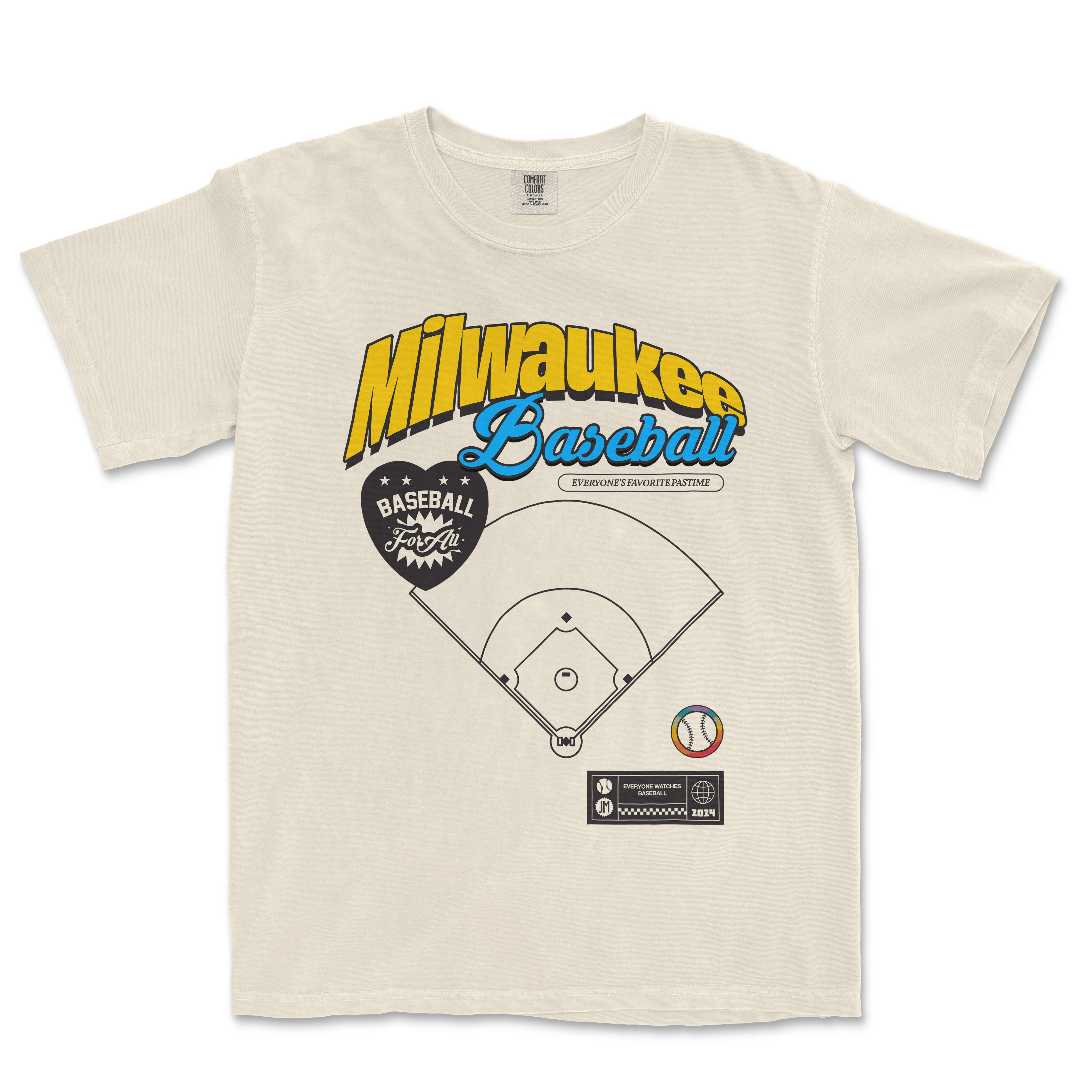 Vintage-style Comfort Colors Milwaukee Baseball Pride T-shirt featuring colorful text, baseball graphics, and a retro design.