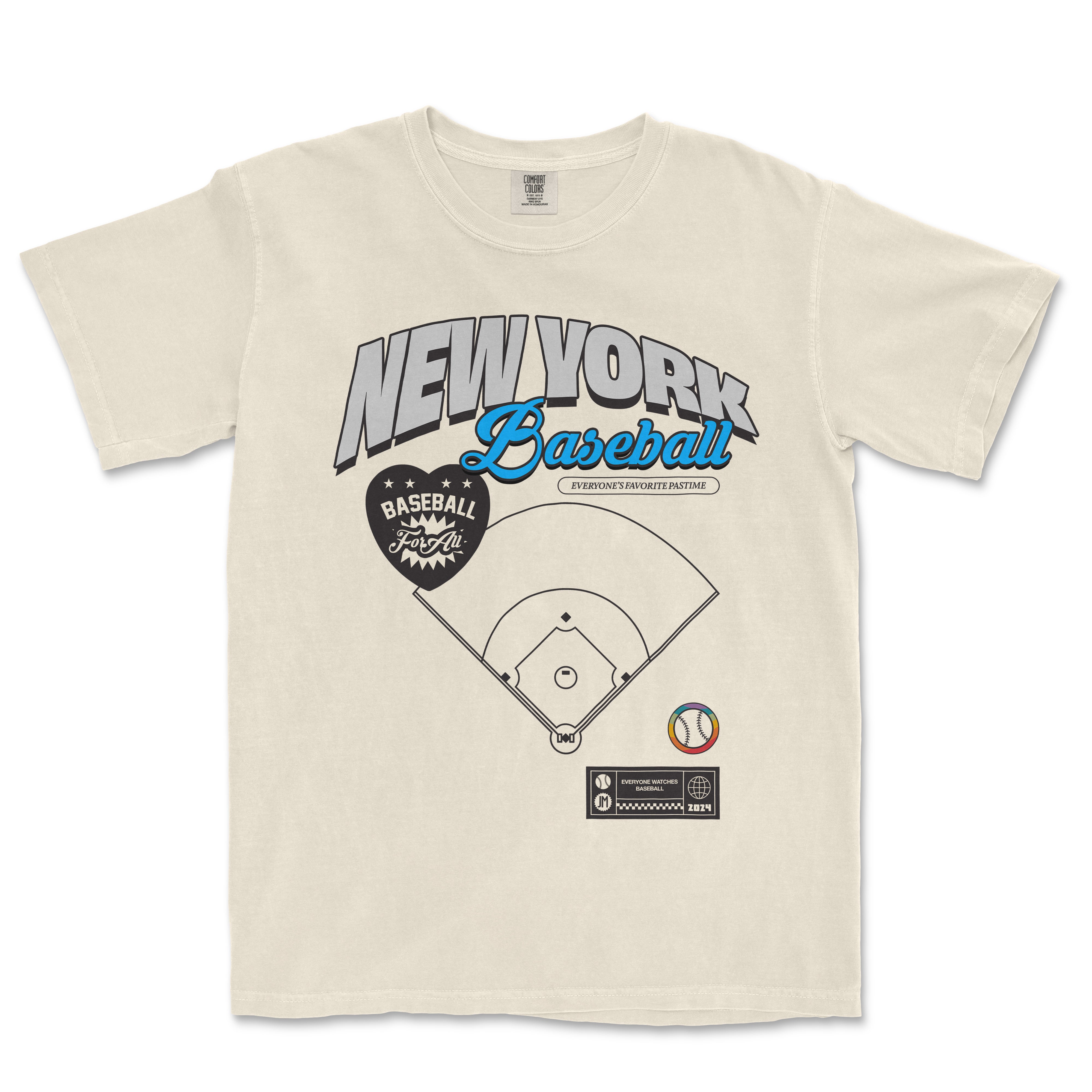 Vintage-style Comfort Colors T-shirt featuring "New York Baseball" text, a baseball diamond graphic, and colorful sports icons.