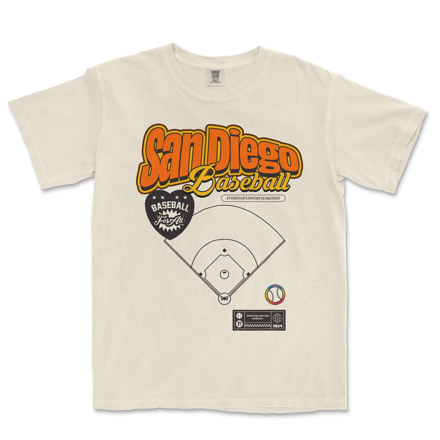 Cream-colored T-shirt featuring "San Diego Baseball" in bold orange and yellow text, with baseball-themed graphics and slogans.