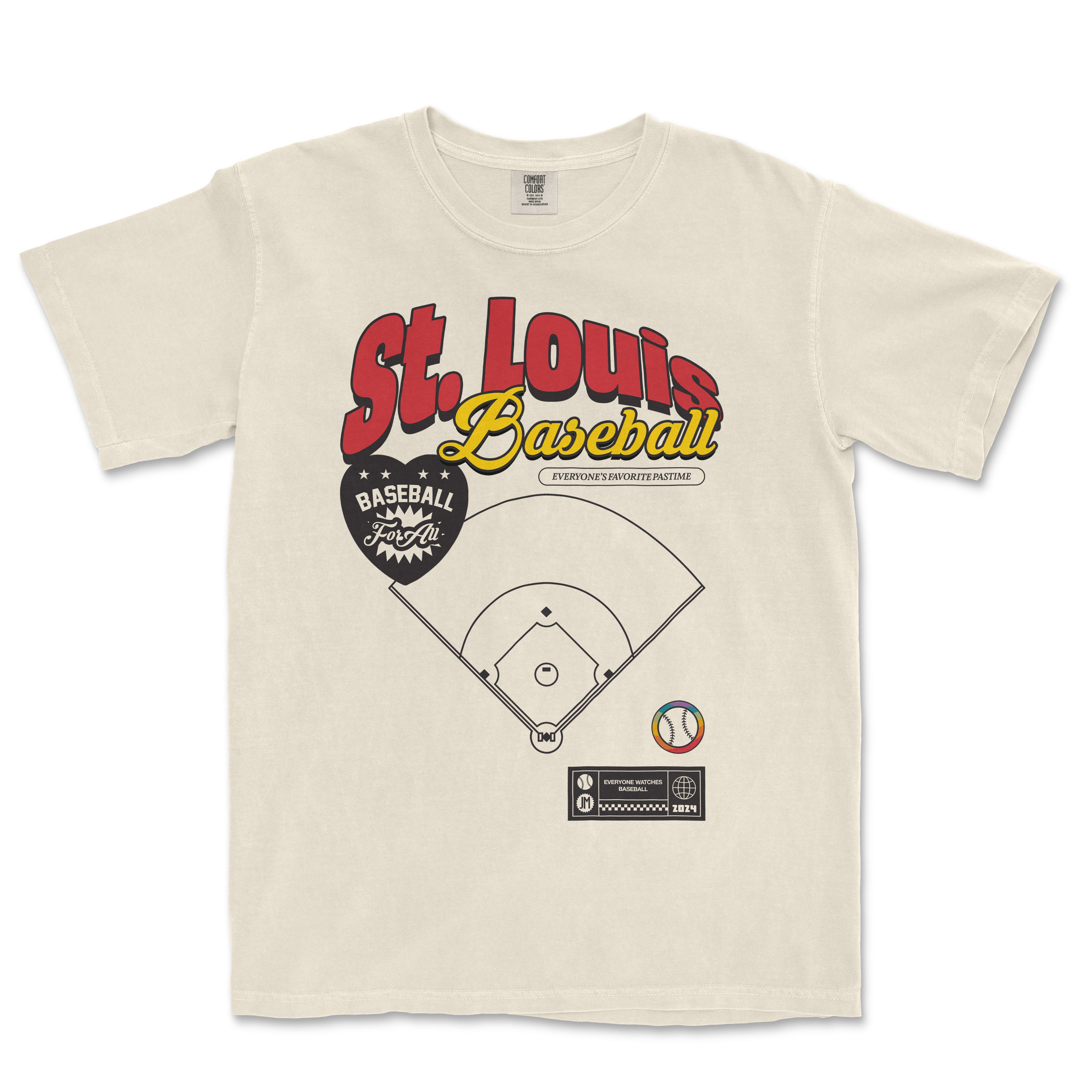 Beige T-shirt featuring "St. Louis Baseball Pride" with a baseball diamond graphic, team slogan, and colorful design elements.