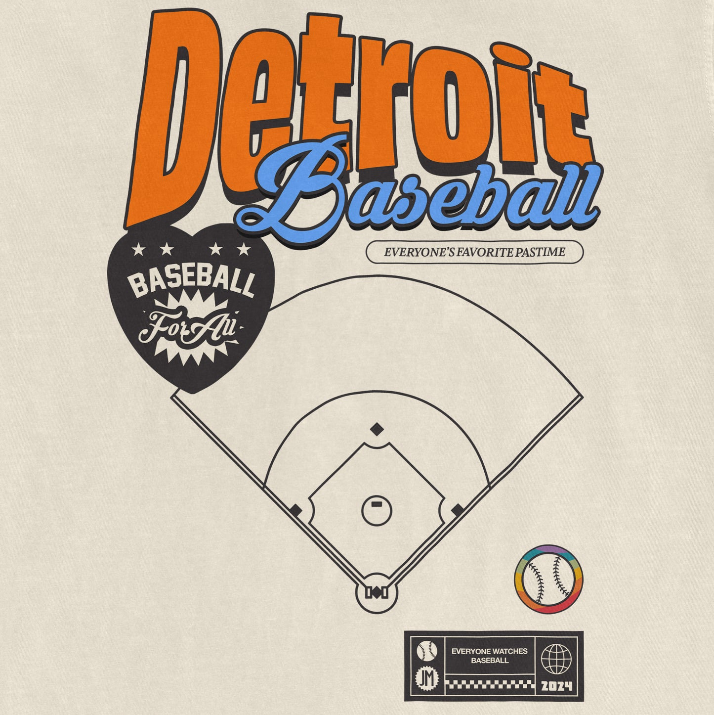 Beige Comfort Colors vintage tee featuring "Detroit Baseball Pride" text, a baseball diamond graphic, and colorful baseball icon.