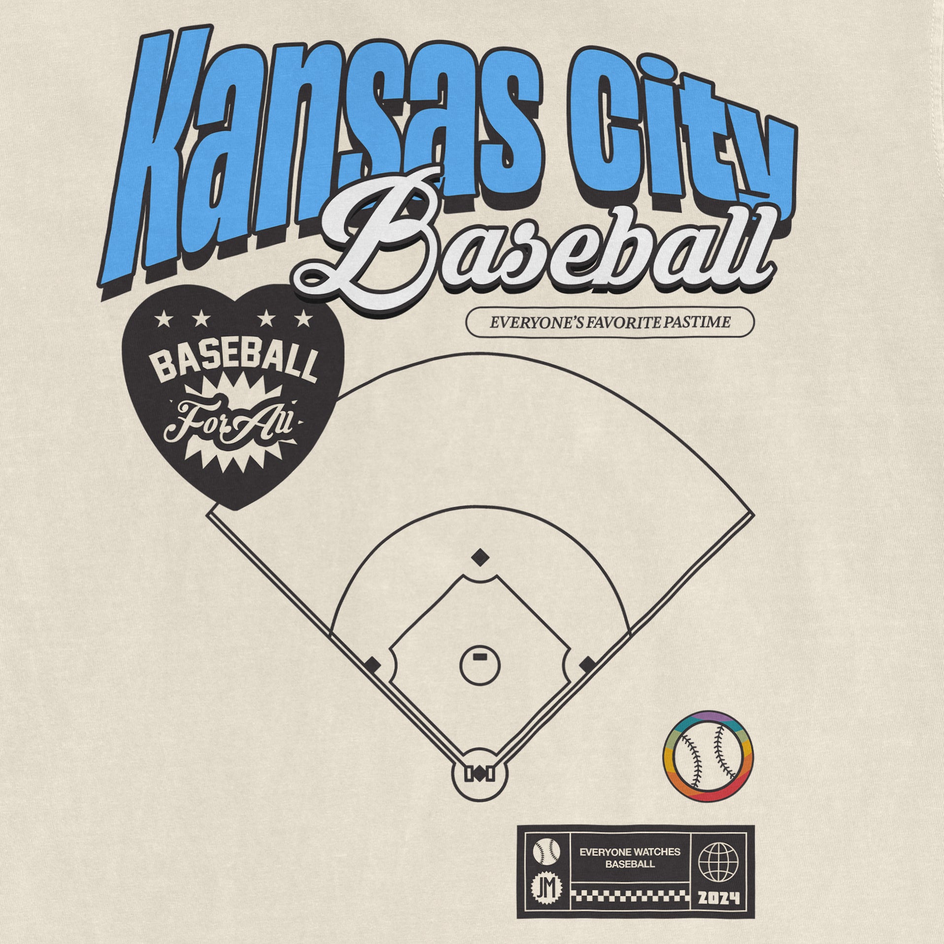 Vintage beige Comfort Colors Kansas City Baseball Pride T-shirt featuring a baseball diamond graphic, colorful logo, and retro design.
