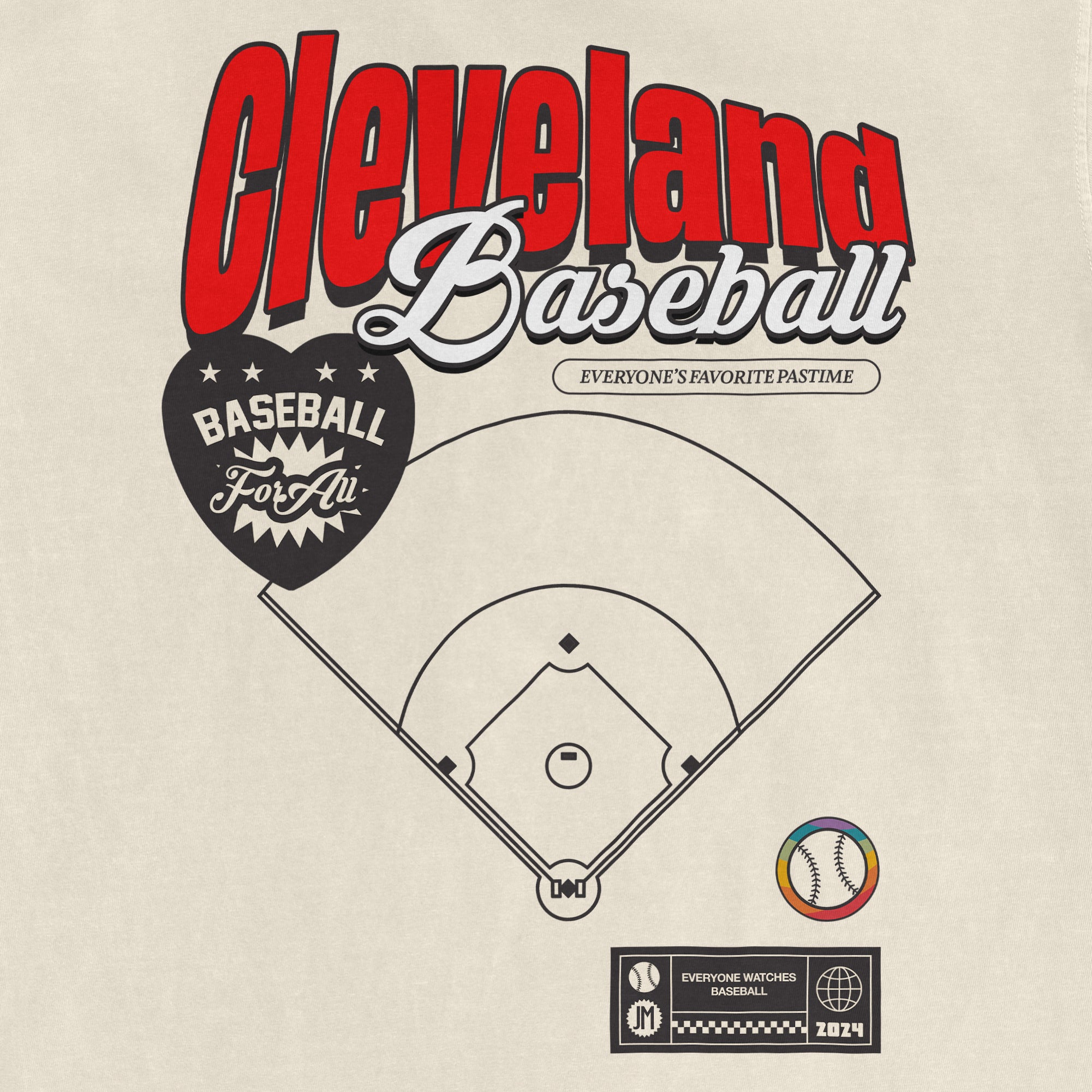 Vintage Cleveland Baseball Pride Comfort Colors T-shirt featuring a baseball field diagram, colorful ball icon, and team-themed graphics.