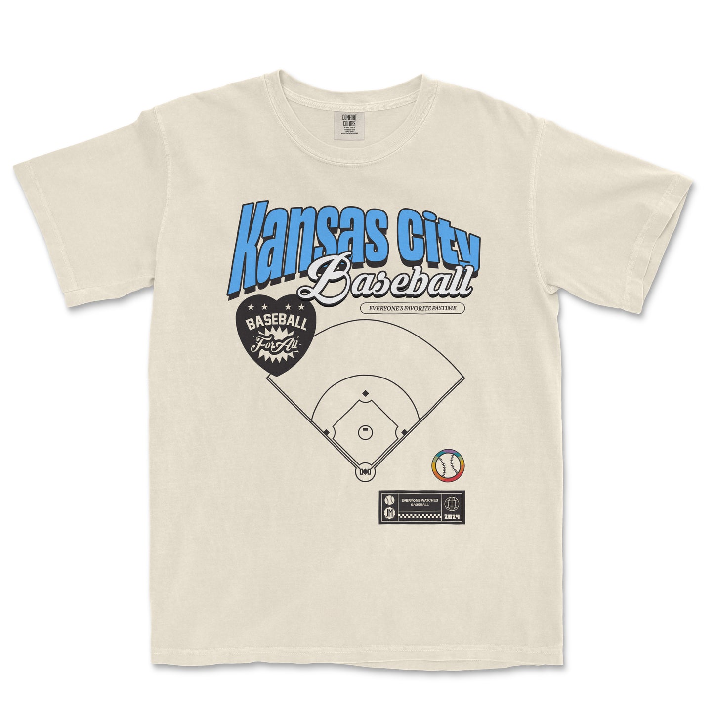 Vintage beige Comfort Colors T-shirt featuring "Kansas City Baseball Pride" text, a baseball diamond graphic, and team-themed design elements.