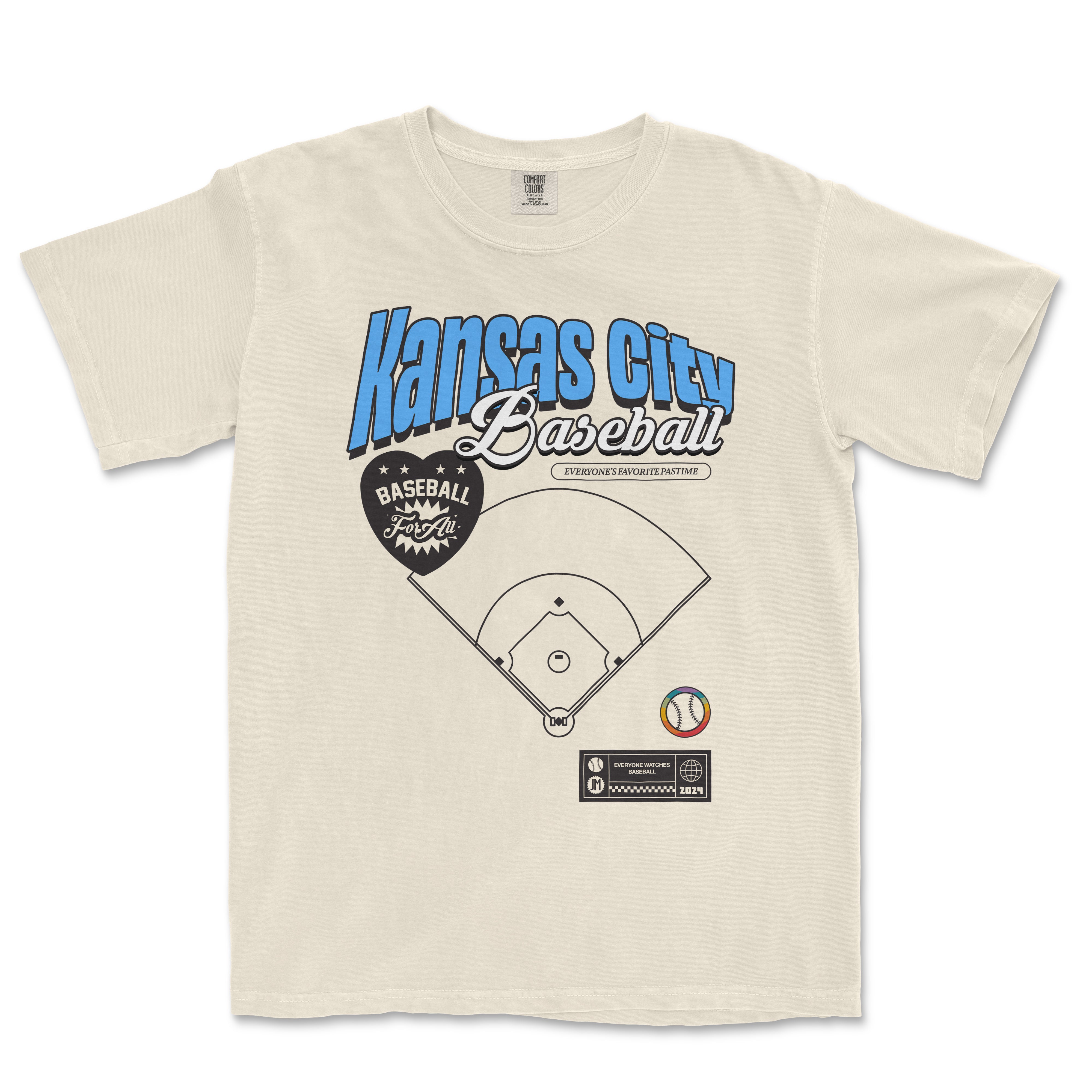 Vintage beige Comfort Colors T-shirt featuring "Kansas City Baseball Pride" text, a baseball diamond graphic, and team-themed design elements.