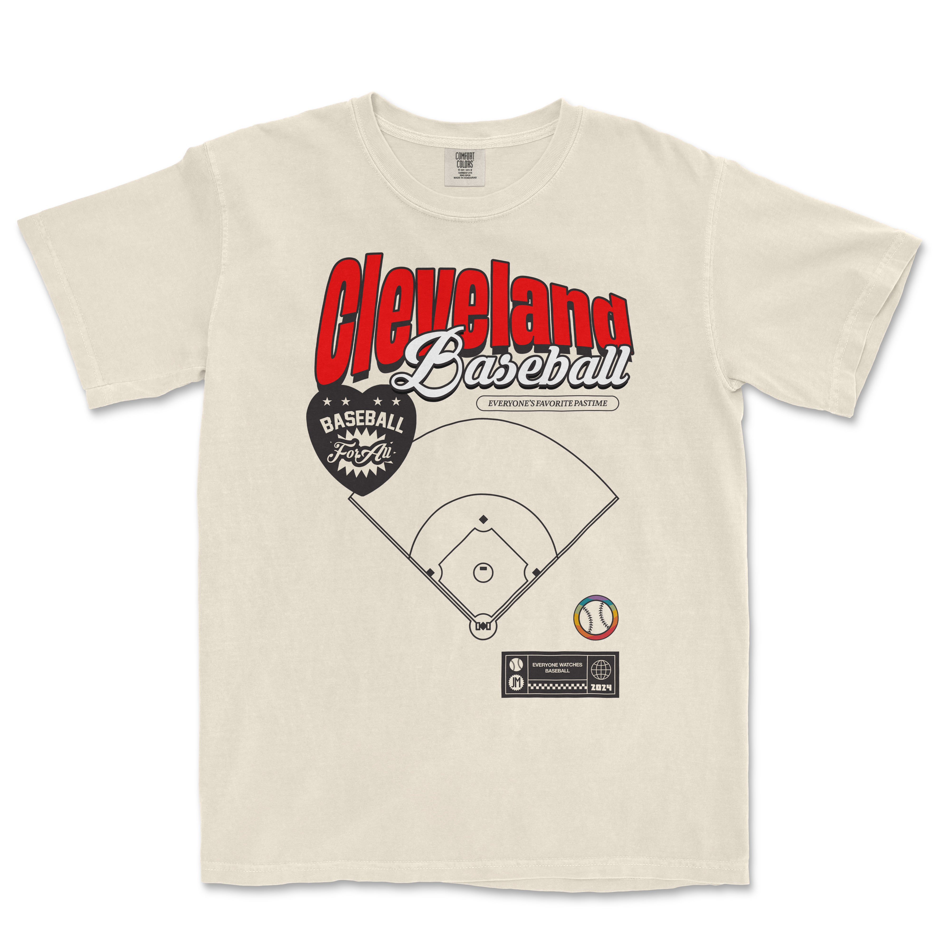 Cream-colored vintage tee featuring a Cleveland Baseball design with text, a baseball graphic, and a stylized baseball field illustration.
