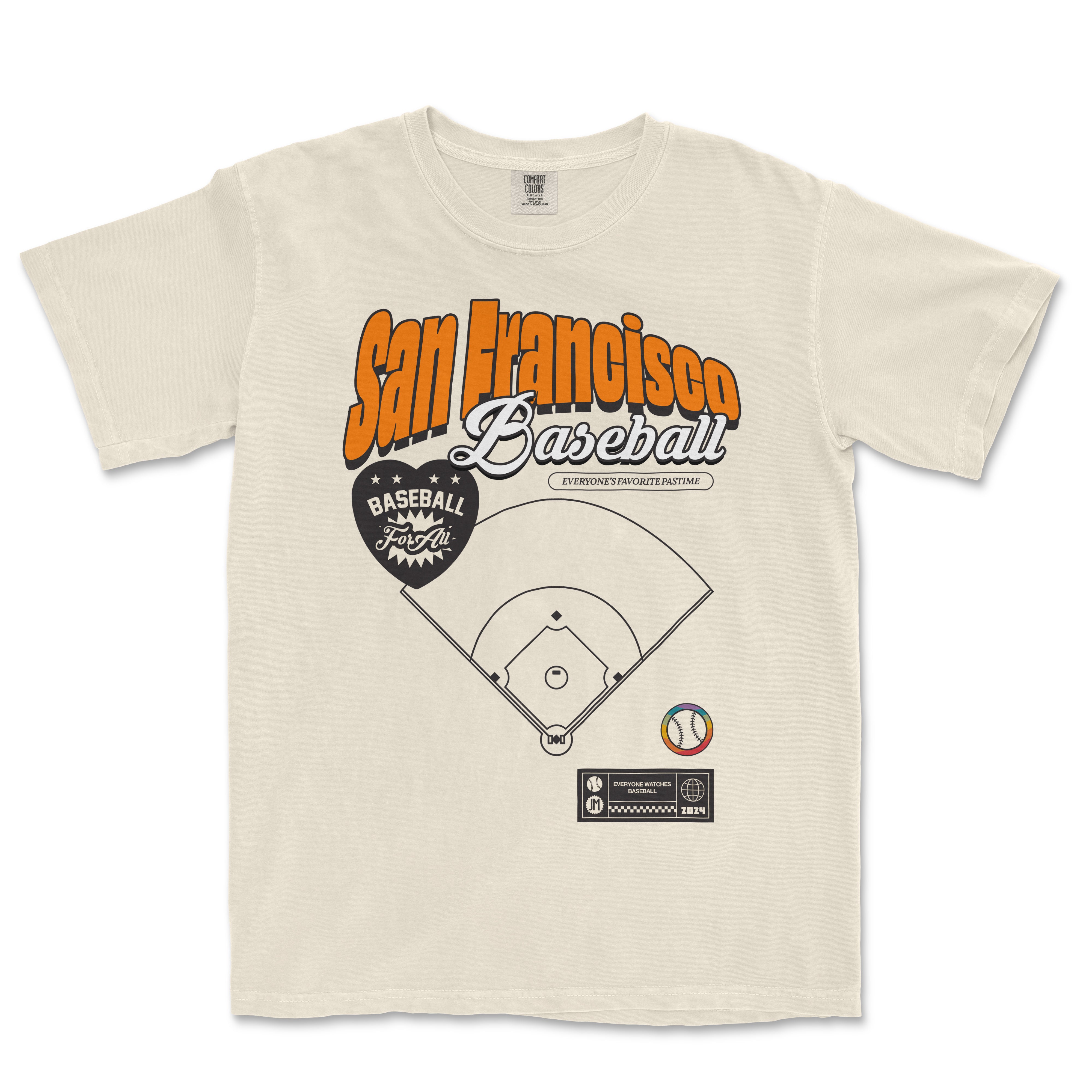 Beige T-shirt featuring "San Francisco Baseball Pride" text, a baseball diamond diagram, and colorful baseball graphics.