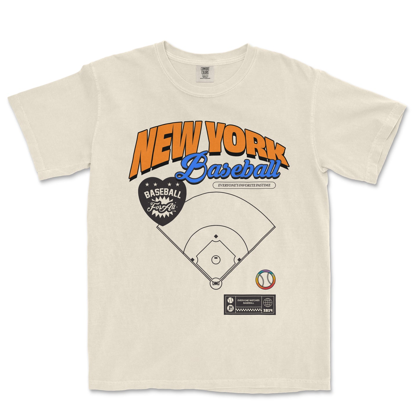 Beige T-shirt featuring "New York Baseball" text, a baseball diamond graphic, and various sports-themed icons and slogans.