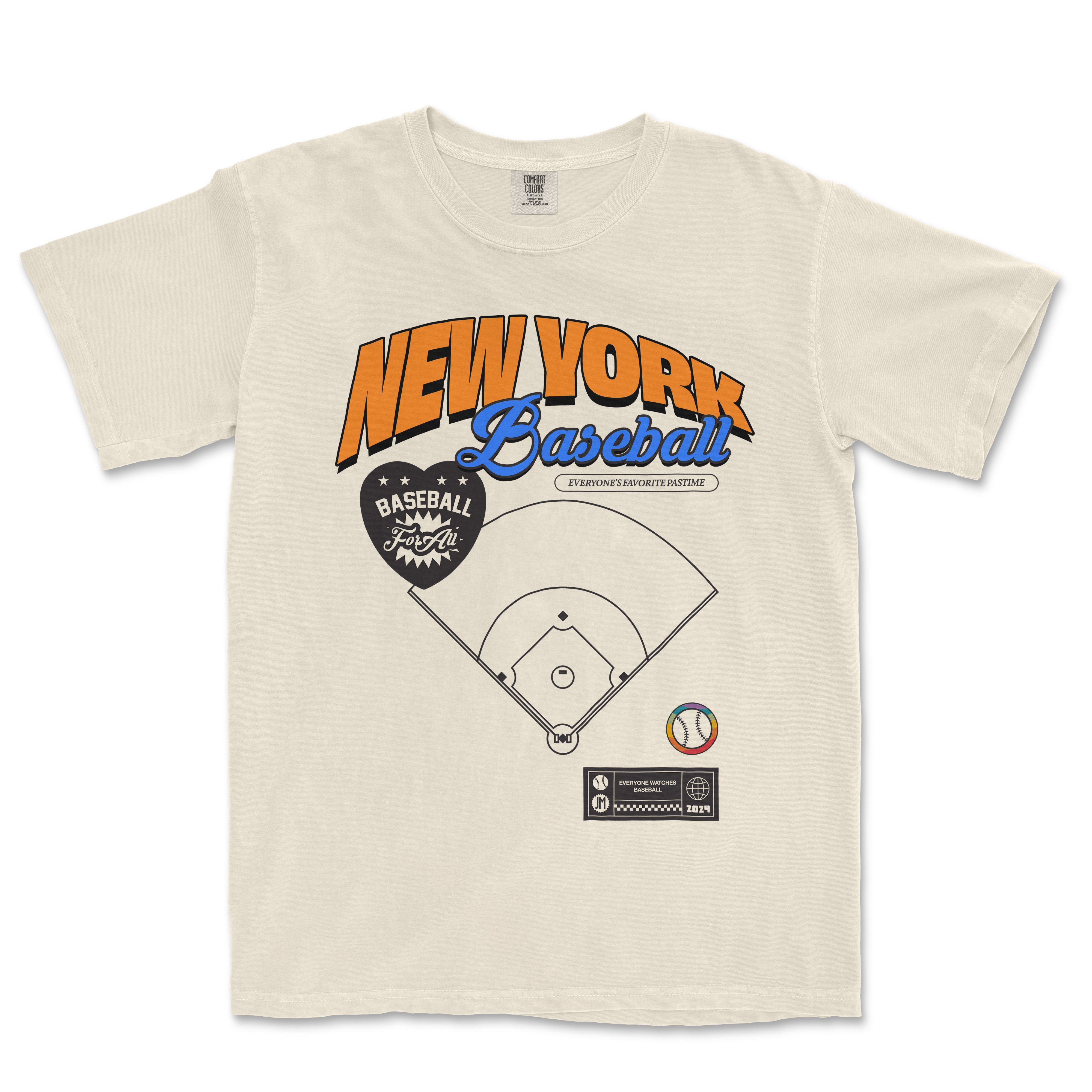 Beige T-shirt featuring "New York Baseball" text, a baseball diamond graphic, and various sports-themed icons and slogans.