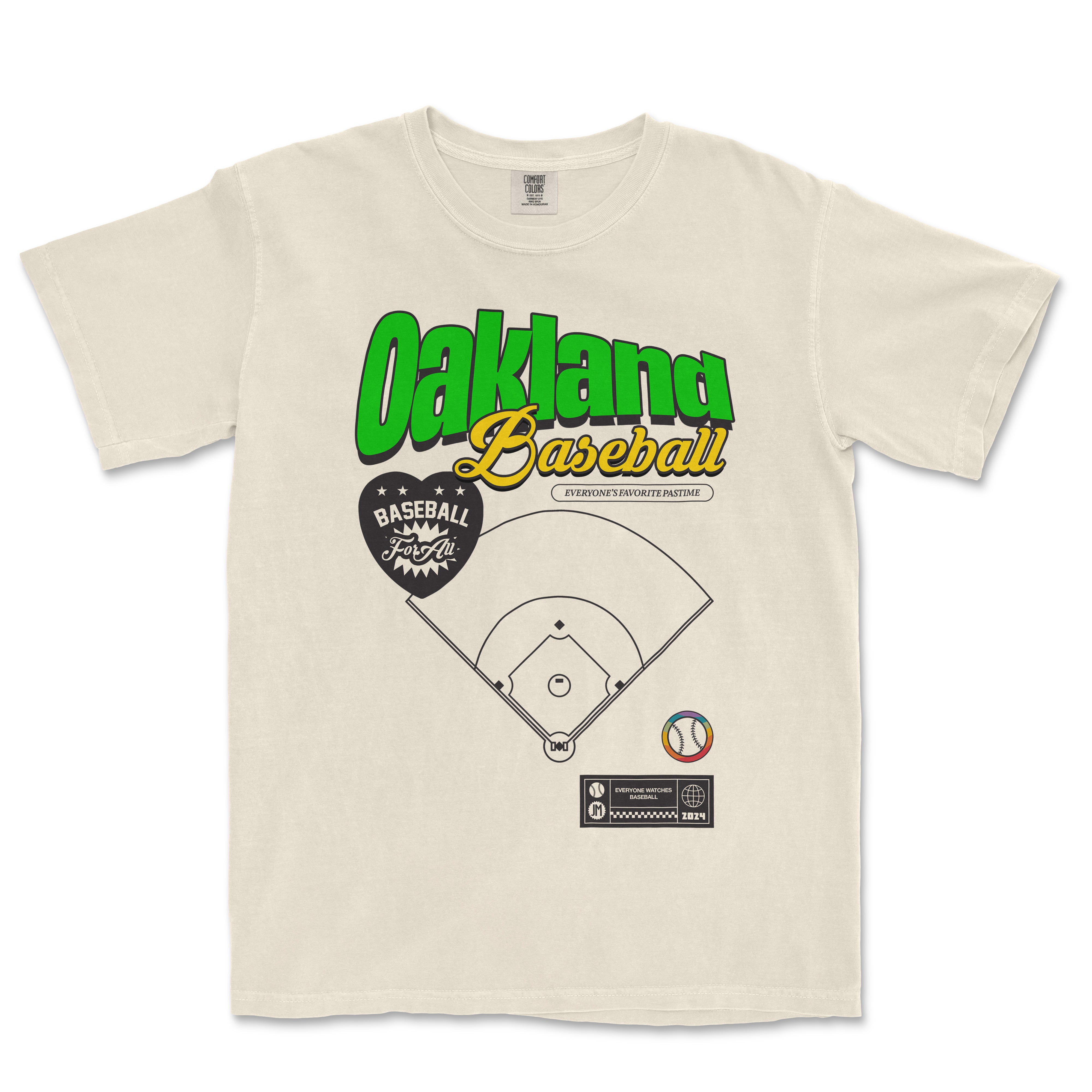 Cream-colored T-shirt featuring a colorful "Oakland Baseball Pride" graphic with a baseball diamond, team logo, and playful text.