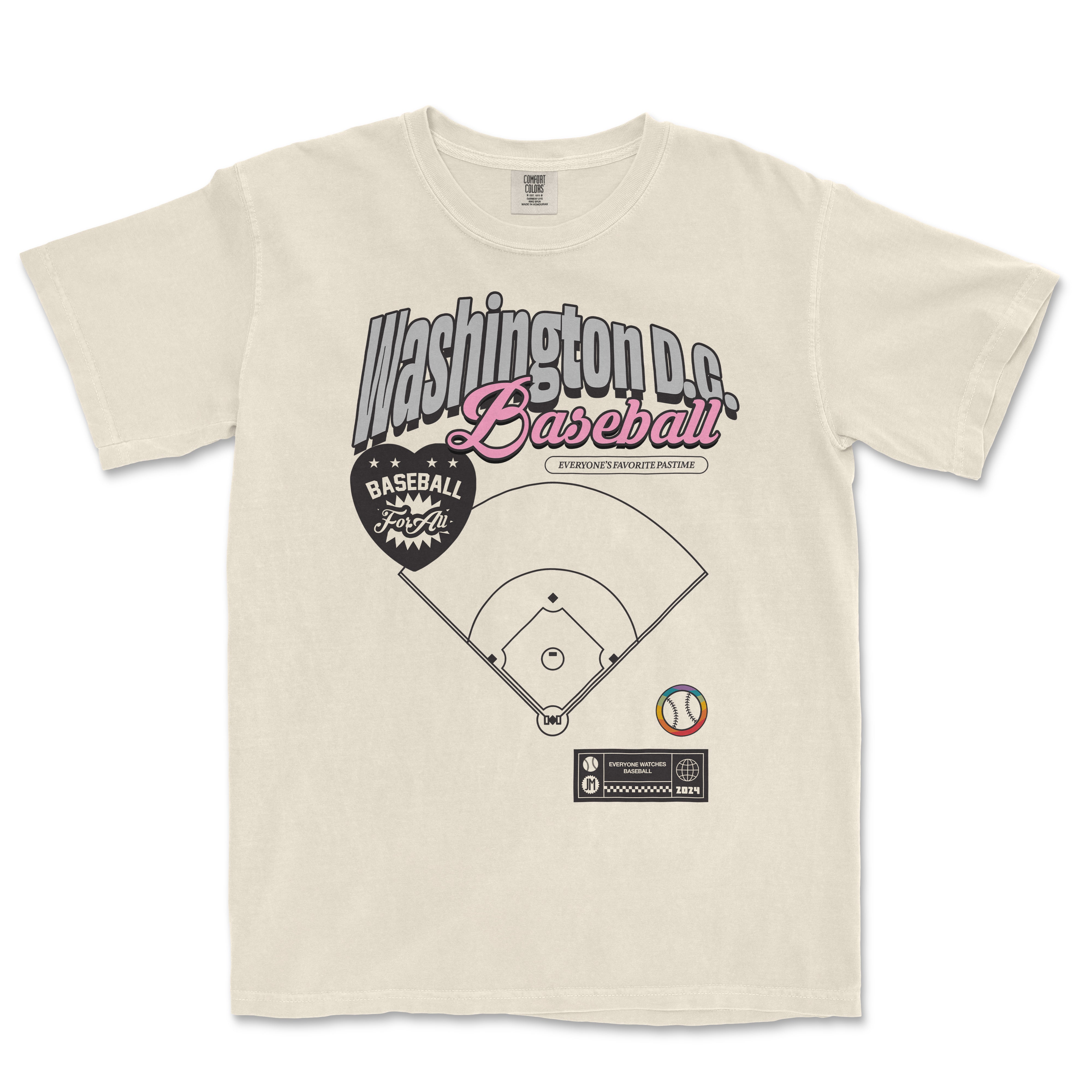 Vintage-style Comfort Colors T-shirt featuring a Washington D.C. baseball graphic with colorful text, a baseball field diagram, and decorative elements.