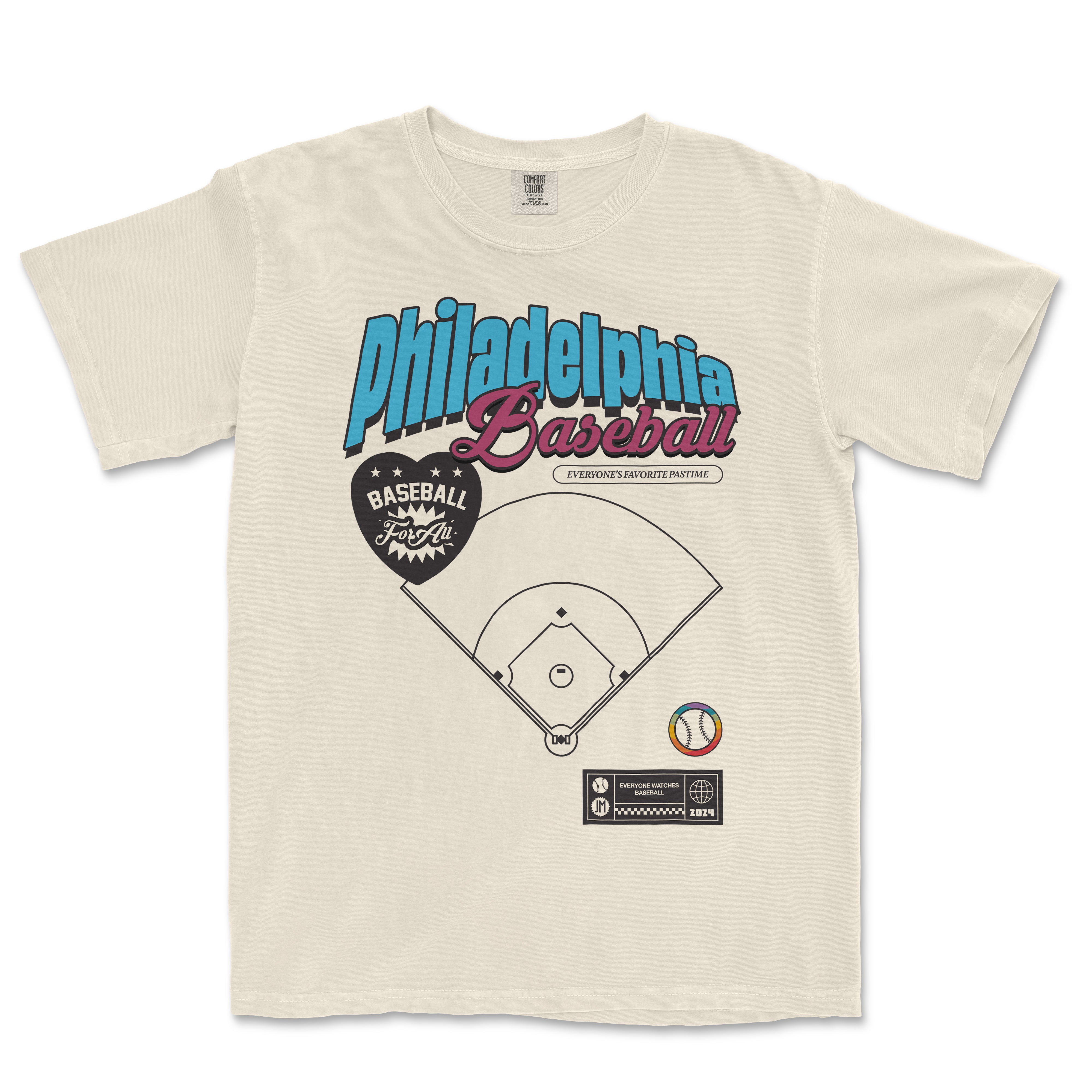 Cream-colored T-shirt featuring a colorful "Philadelphia Baseball" graphic, a baseball diamond illustration, and various sports-themed icons.