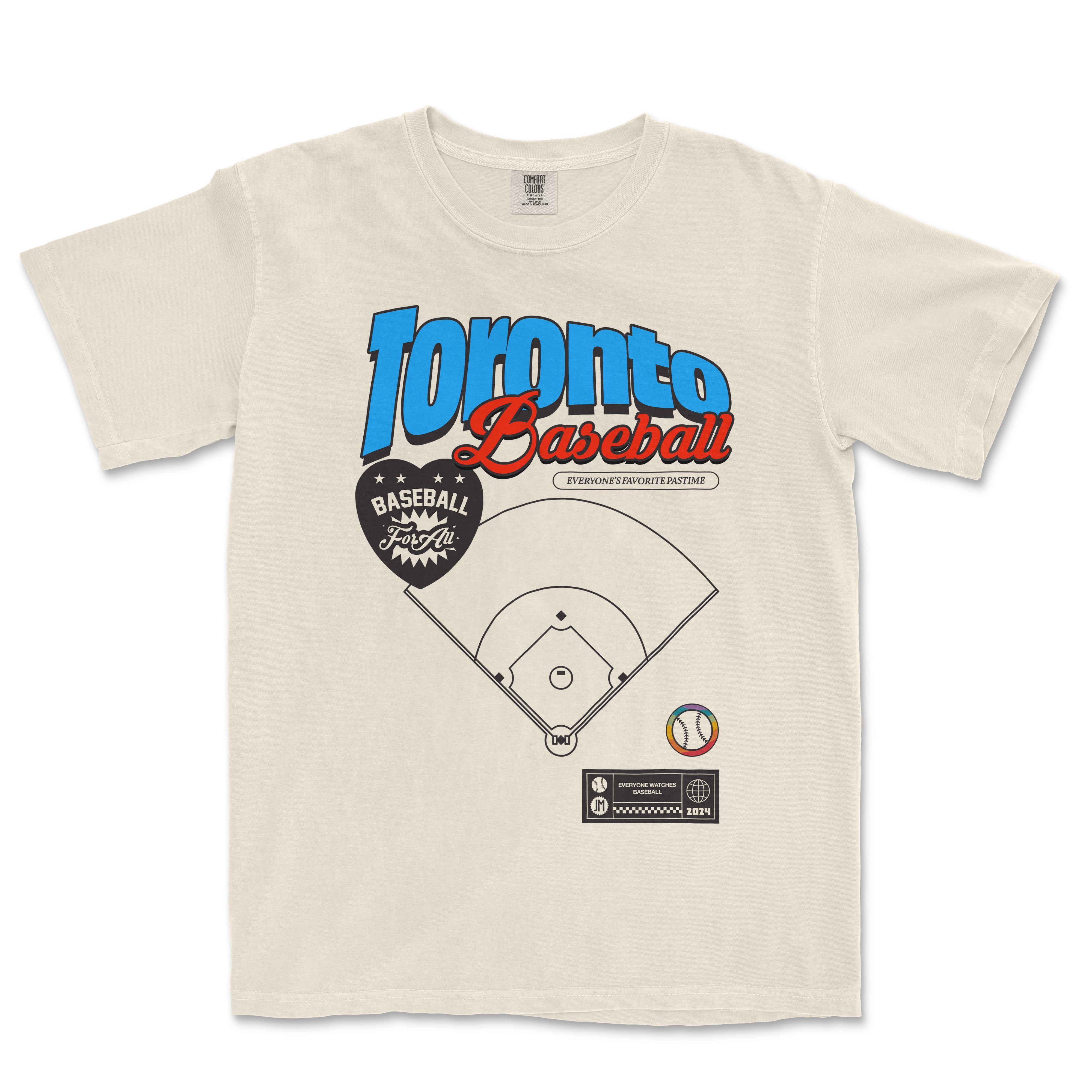 Beige T-shirt featuring colorful "Toronto Baseball" text, a baseball diamond graphic, and various sports-themed icons.