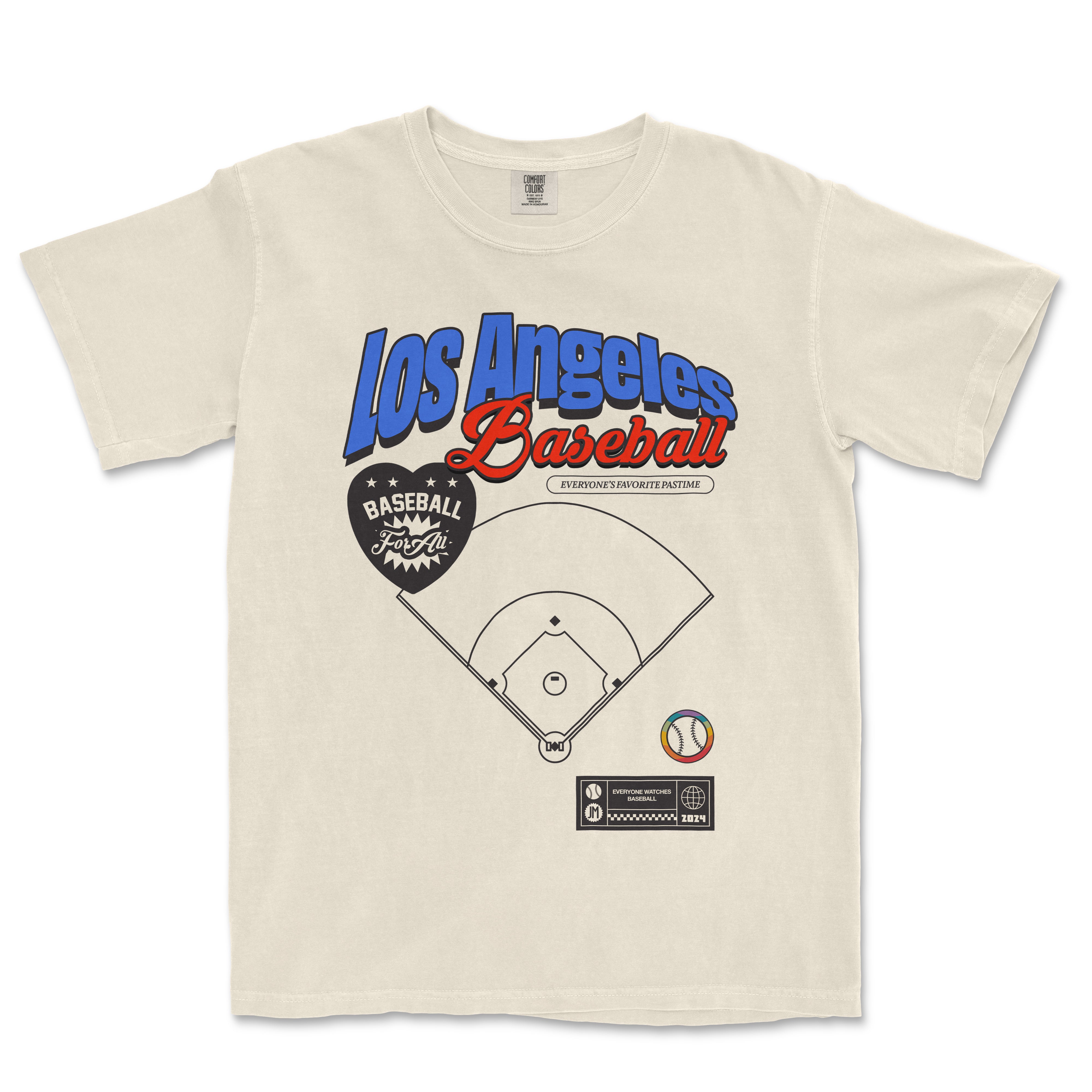 Vintage-style Comfort Colors Los Angeles Baseball Pride T-shirt featuring colorful text, baseball graphics, and retro design elements.