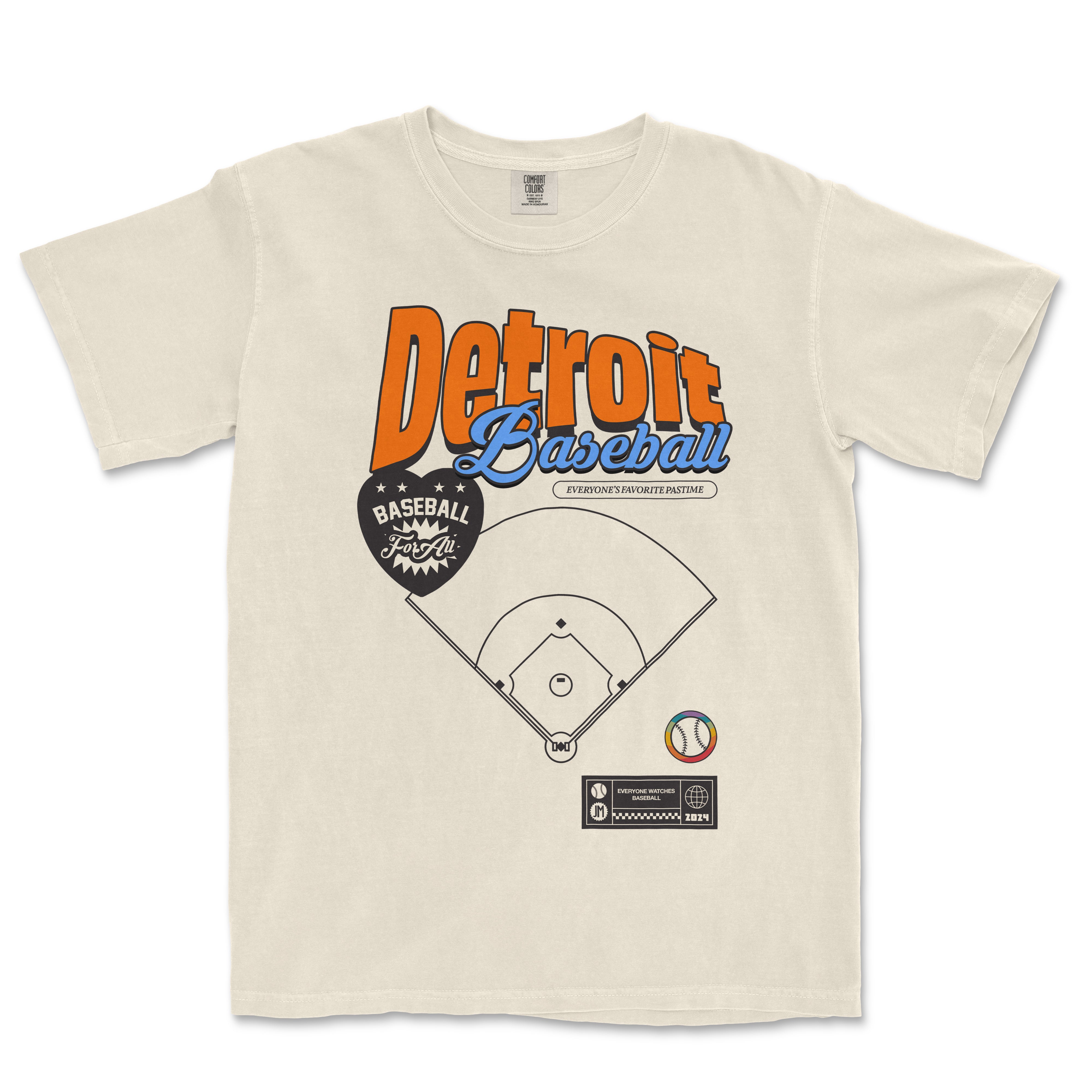 Cream-colored Comfort Colors vintage tee featuring "Detroit Baseball Pride" text, baseball graphics, and a baseball field illustration.