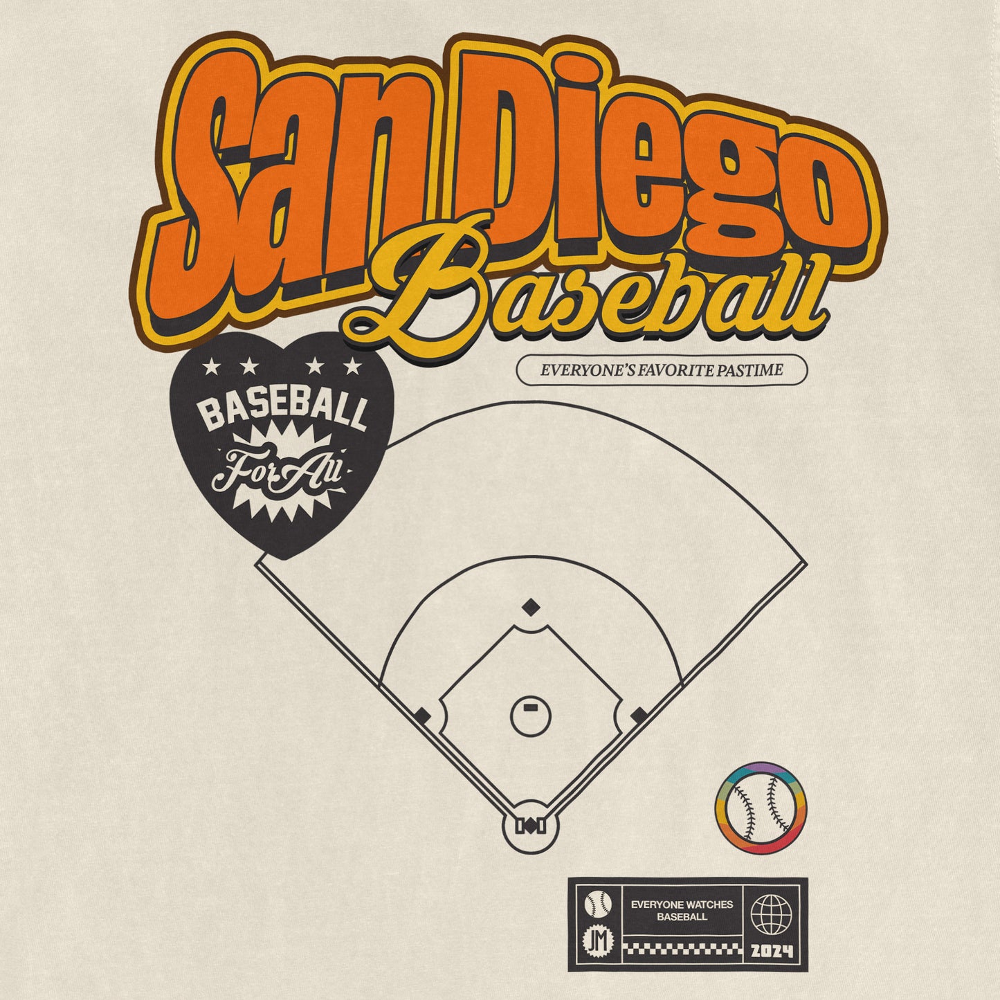 Graphic design featuring "San Diego Baseball Pride" text, a baseball diamond diagram, and a colorful baseball icon.