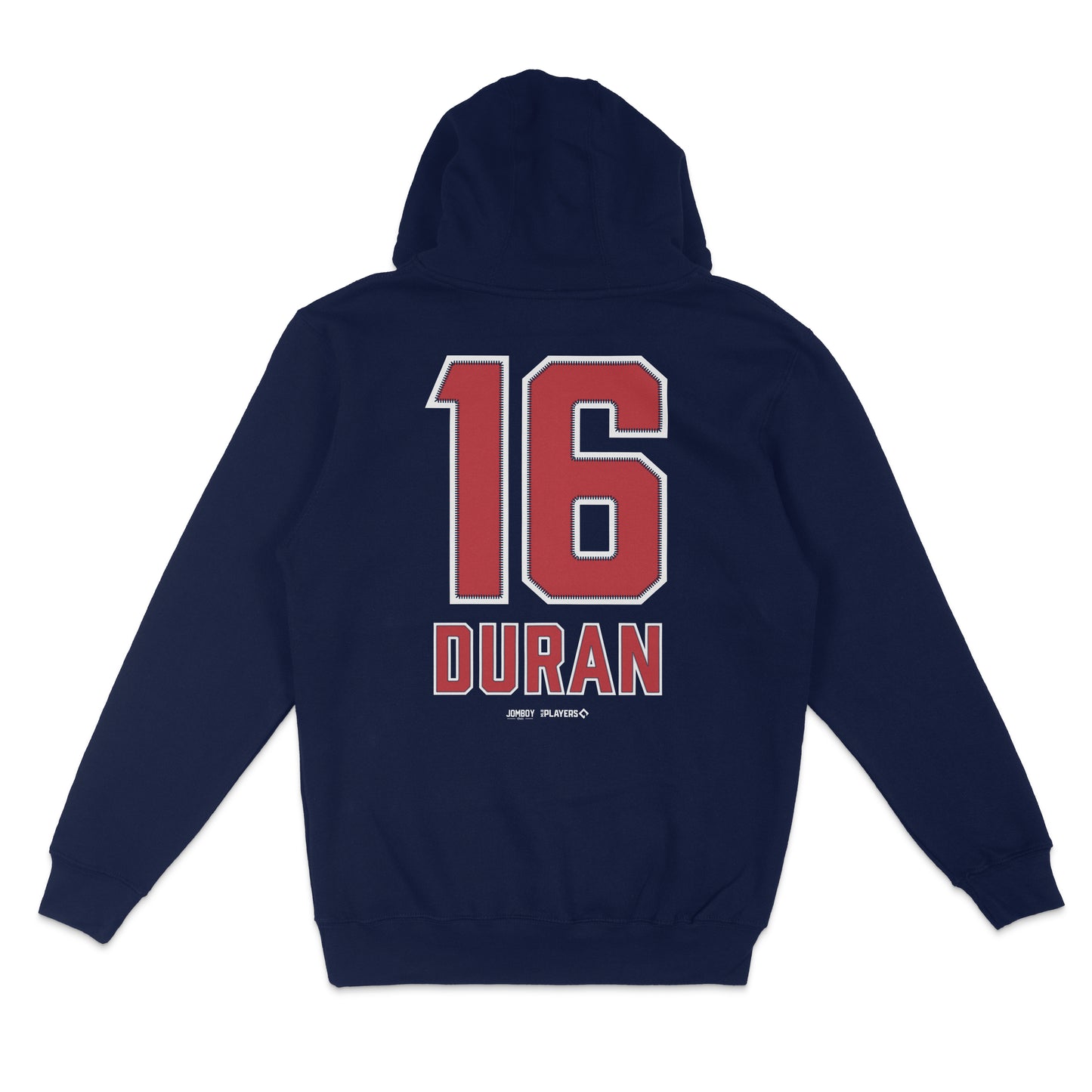 Navy blue pullover fleece hoodie featuring a large red and white "16" and "DURAN" on the back, with small brand logos below.