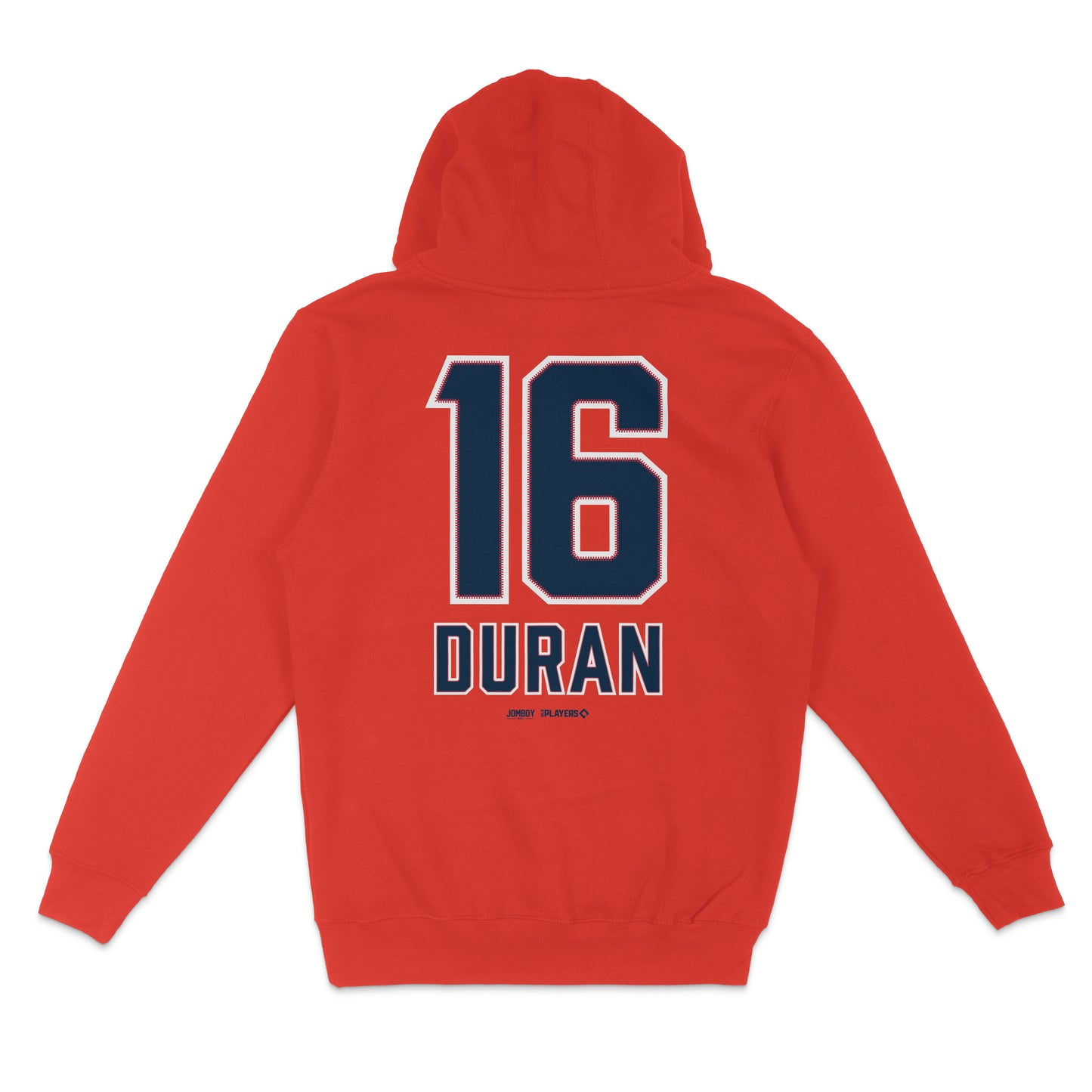Red pullover fleece hoodie featuring the number 16 and "DURAN" printed on the back in navy and white.