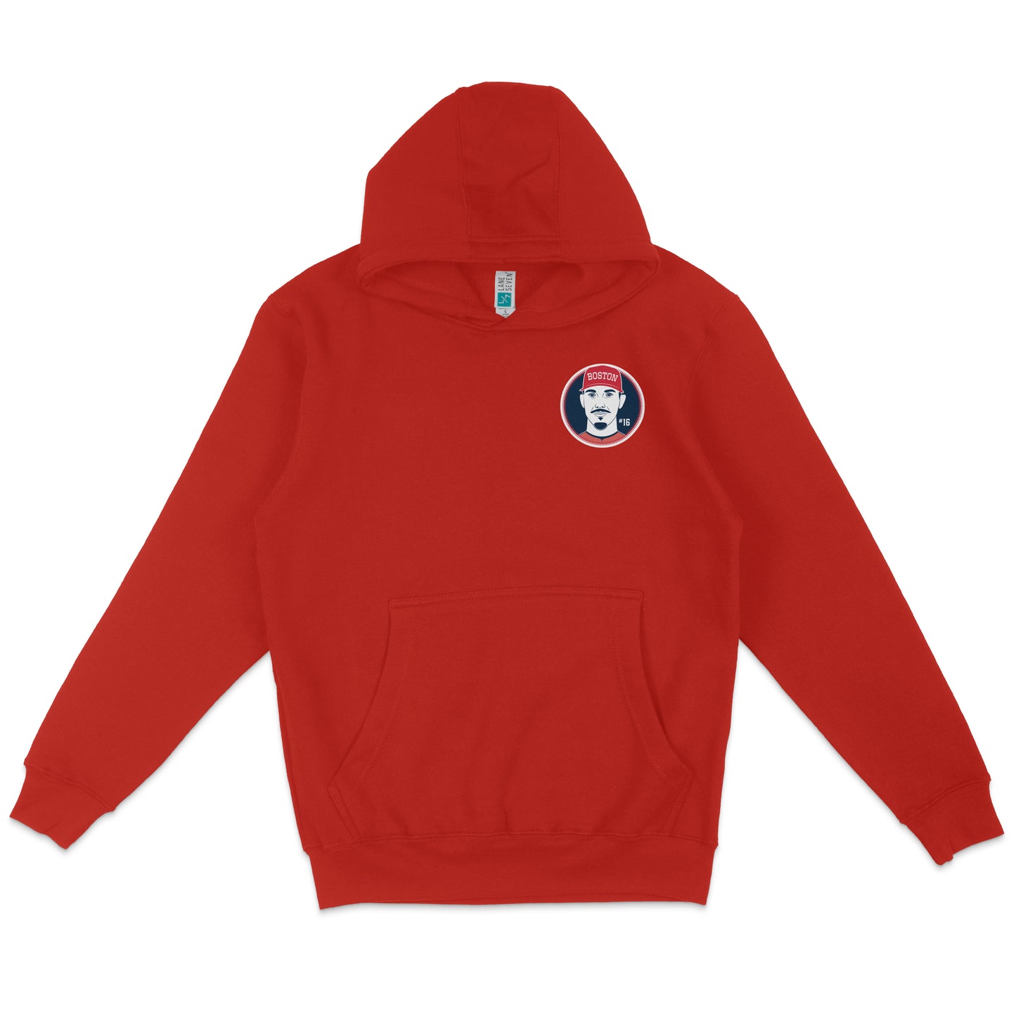 Red pullover fleece hoodie featuring a Boston-themed patch with a stylized face and "Boston" text on the chest.